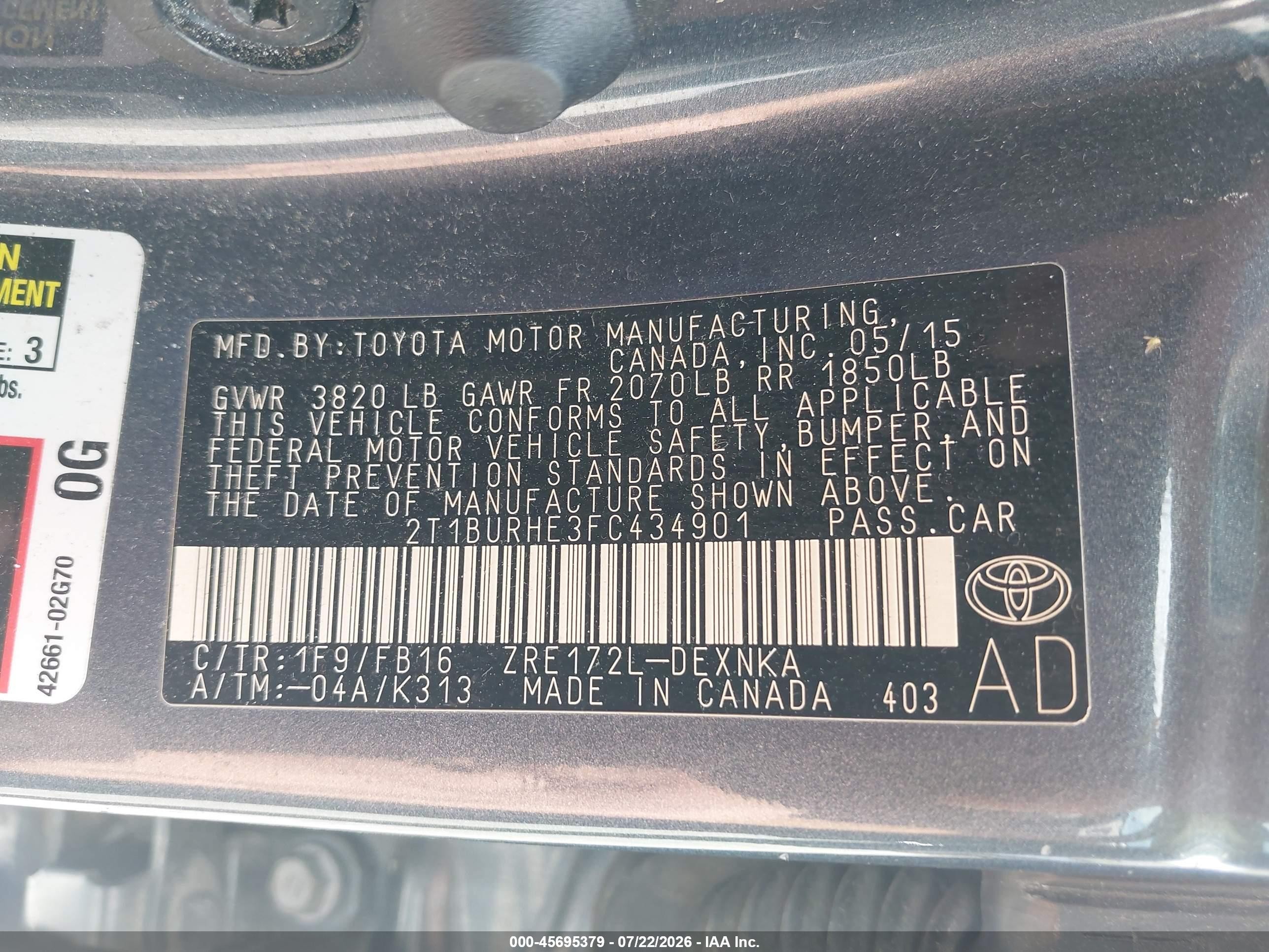 2015 Toyota Corolla Le Black vin: 2T1BURHE3FC434901