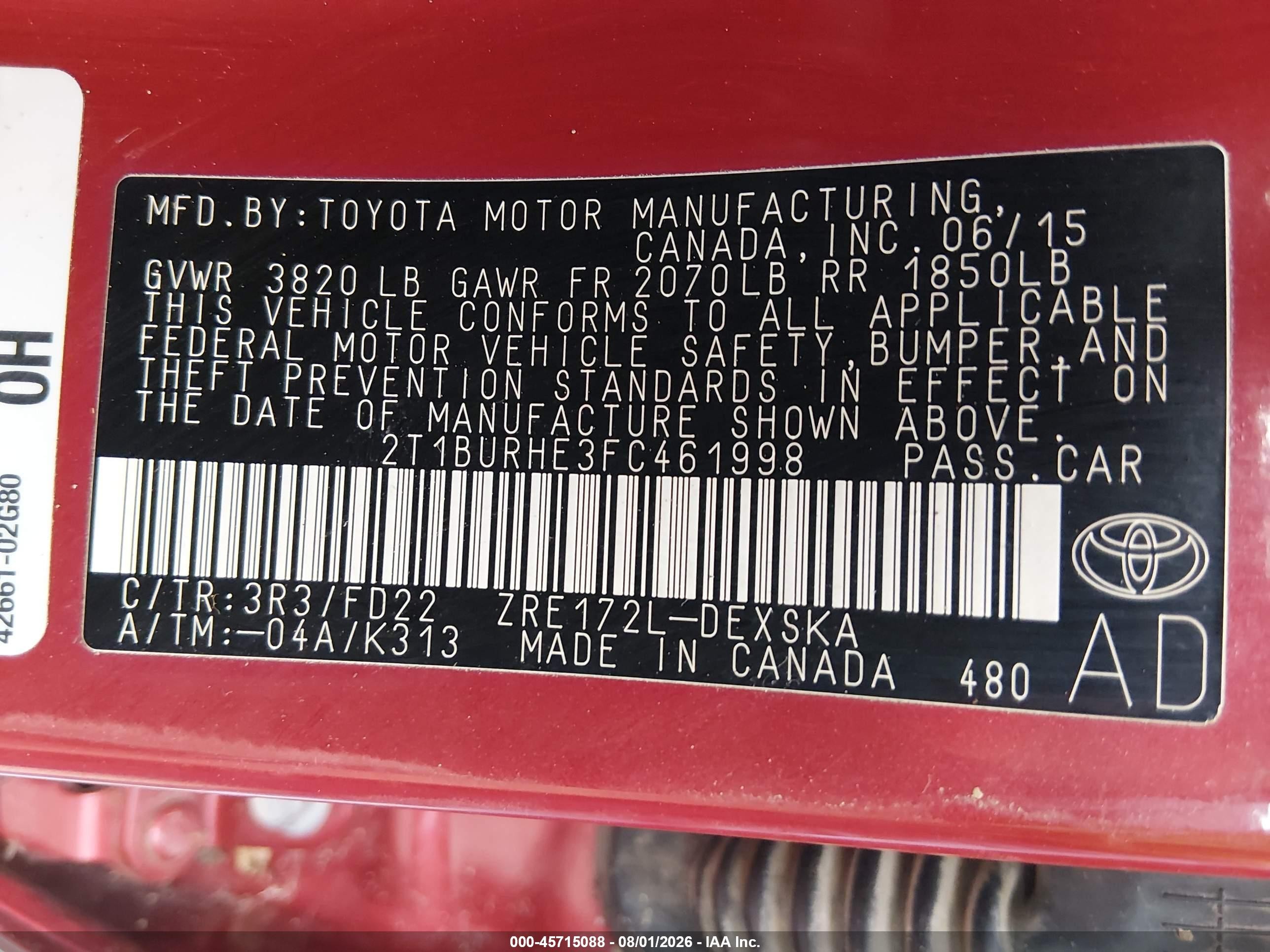2015 Toyota Corolla S Plus Red vin: 2T1BURHE3FC461998