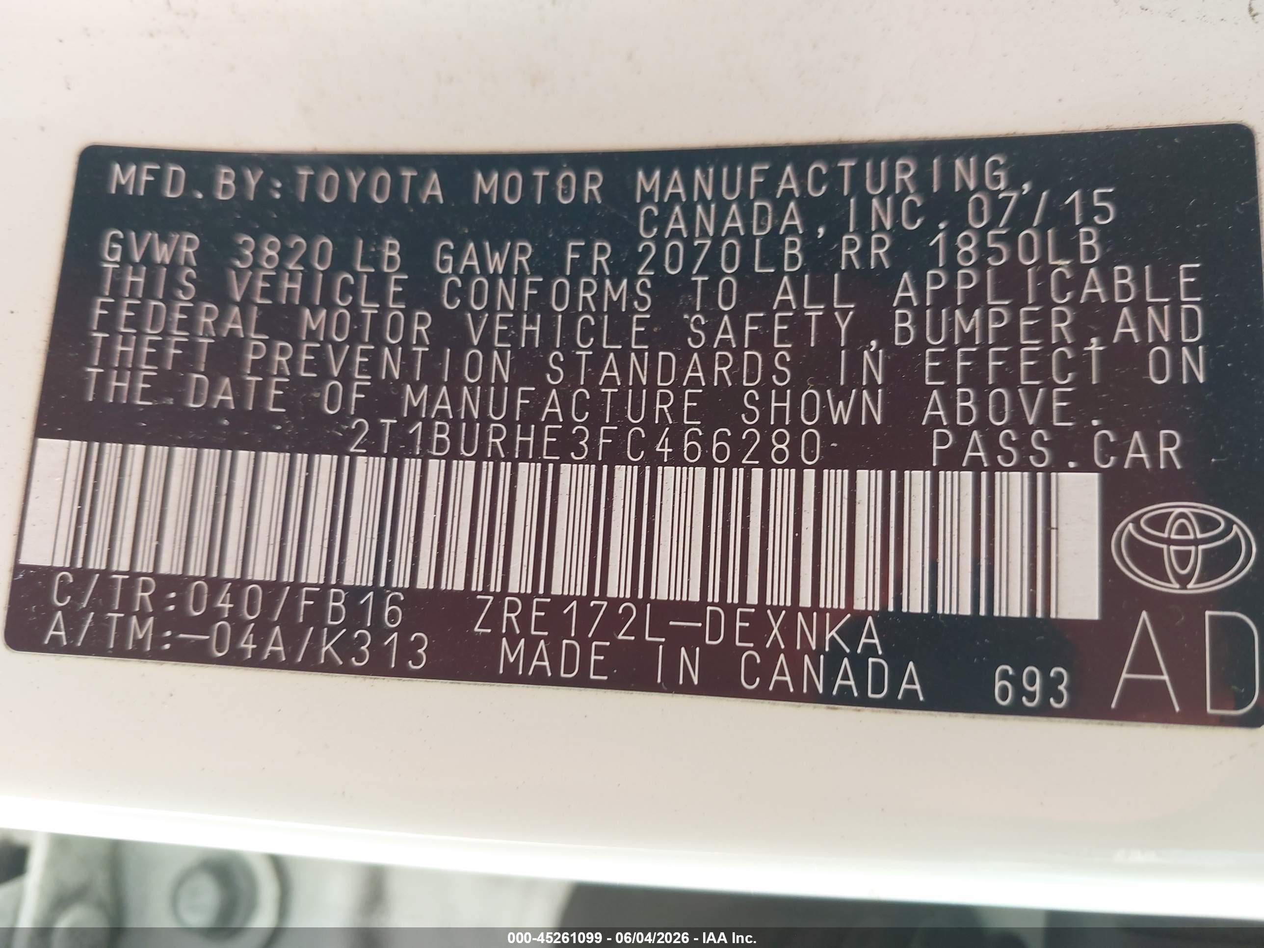 2015 Toyota Corolla Le White vin: 2T1BURHE3FC466280