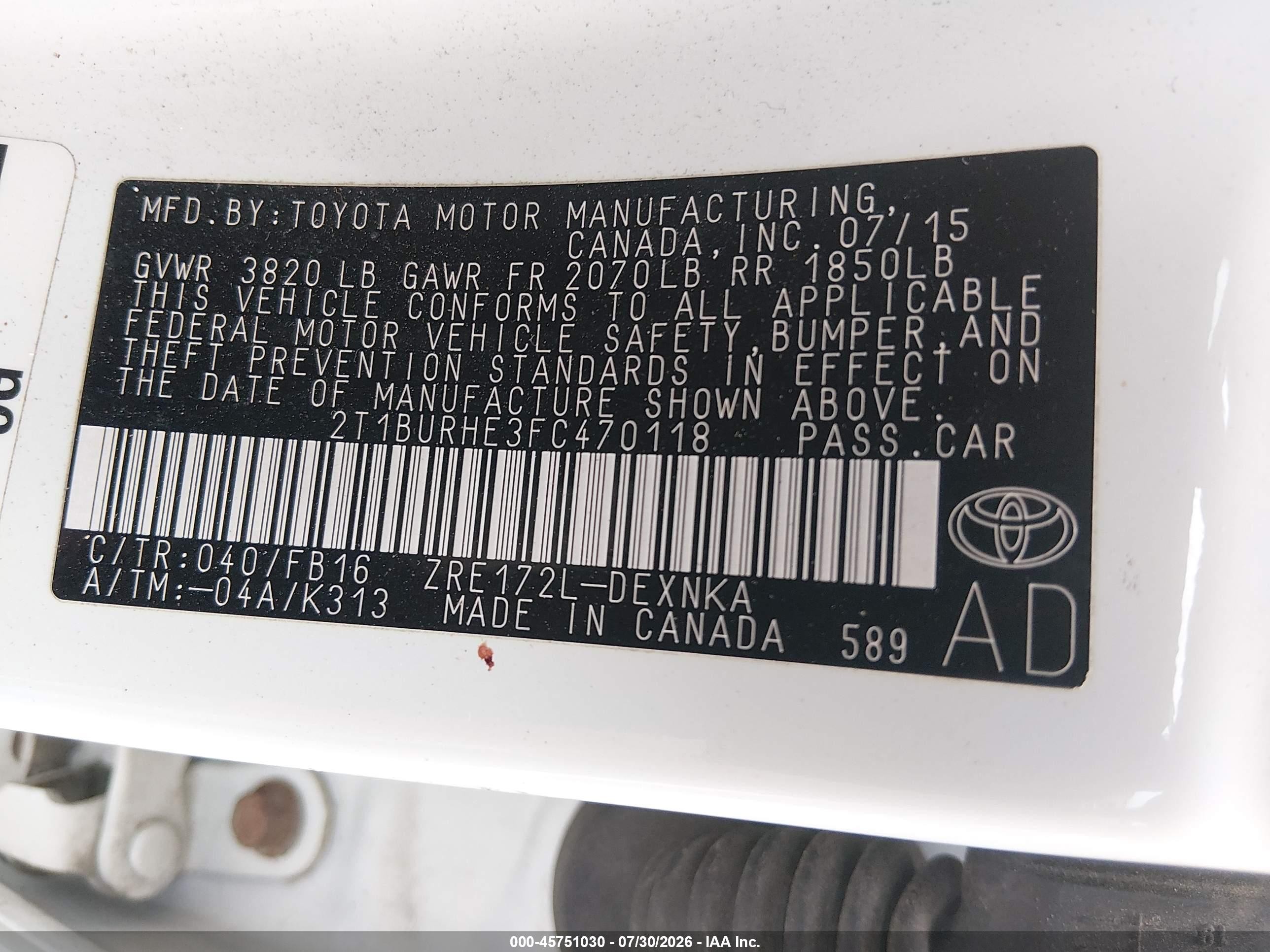 2015 Toyota Corolla Le Белый vin: 2T1BURHE3FC470118