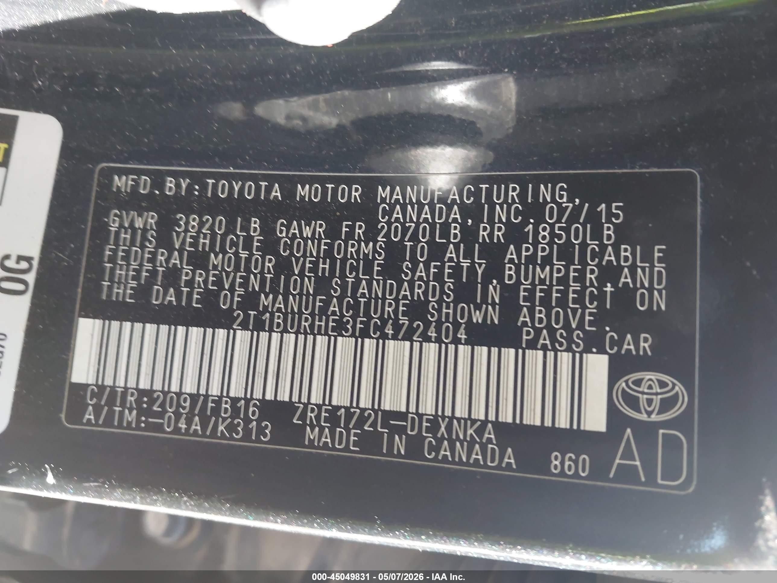 2015 Toyota Corolla Le Черный vin: 2T1BURHE3FC472404
