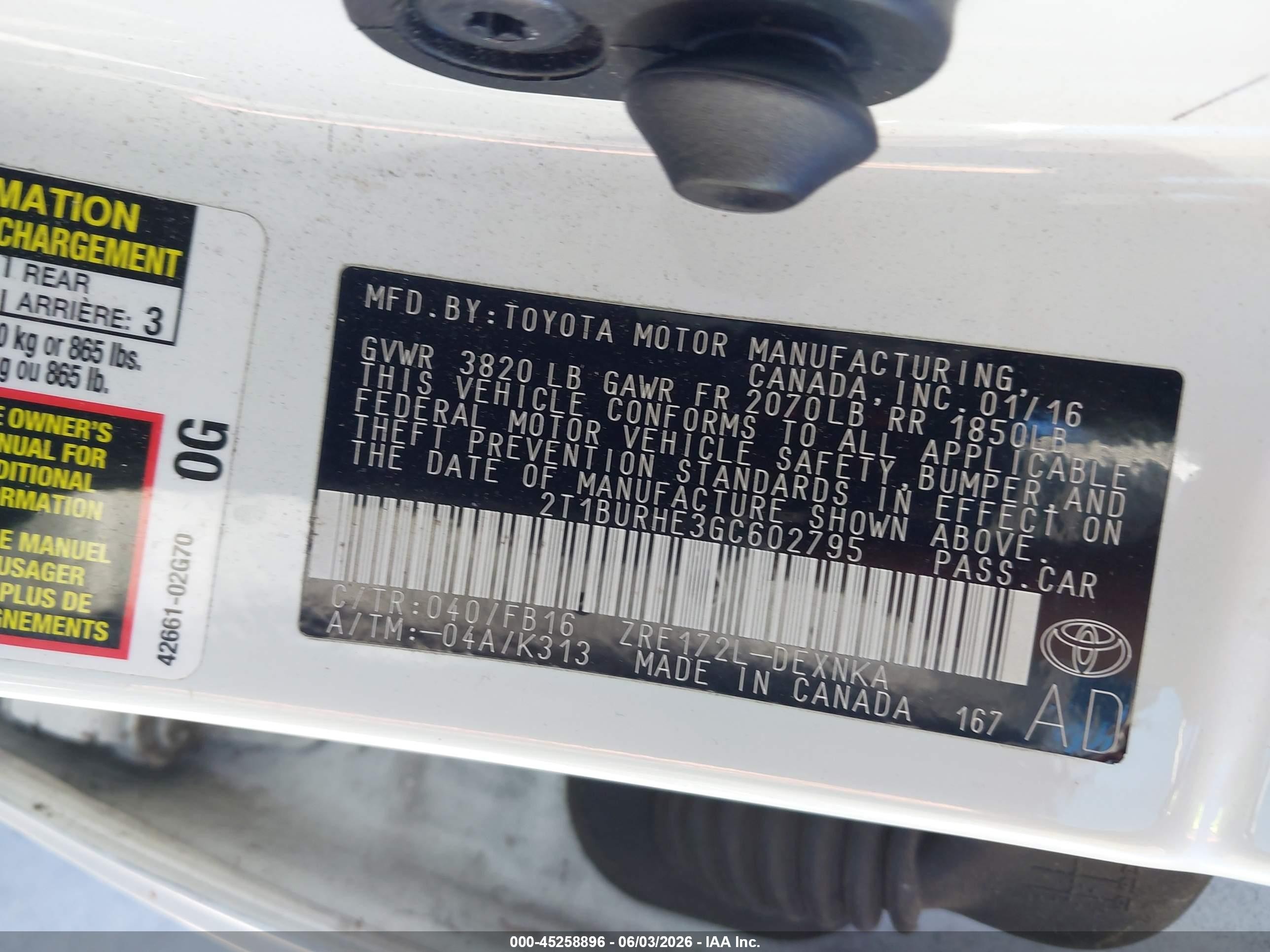 2016 Toyota Corolla Le Белый vin: 2T1BURHE3GC602795
