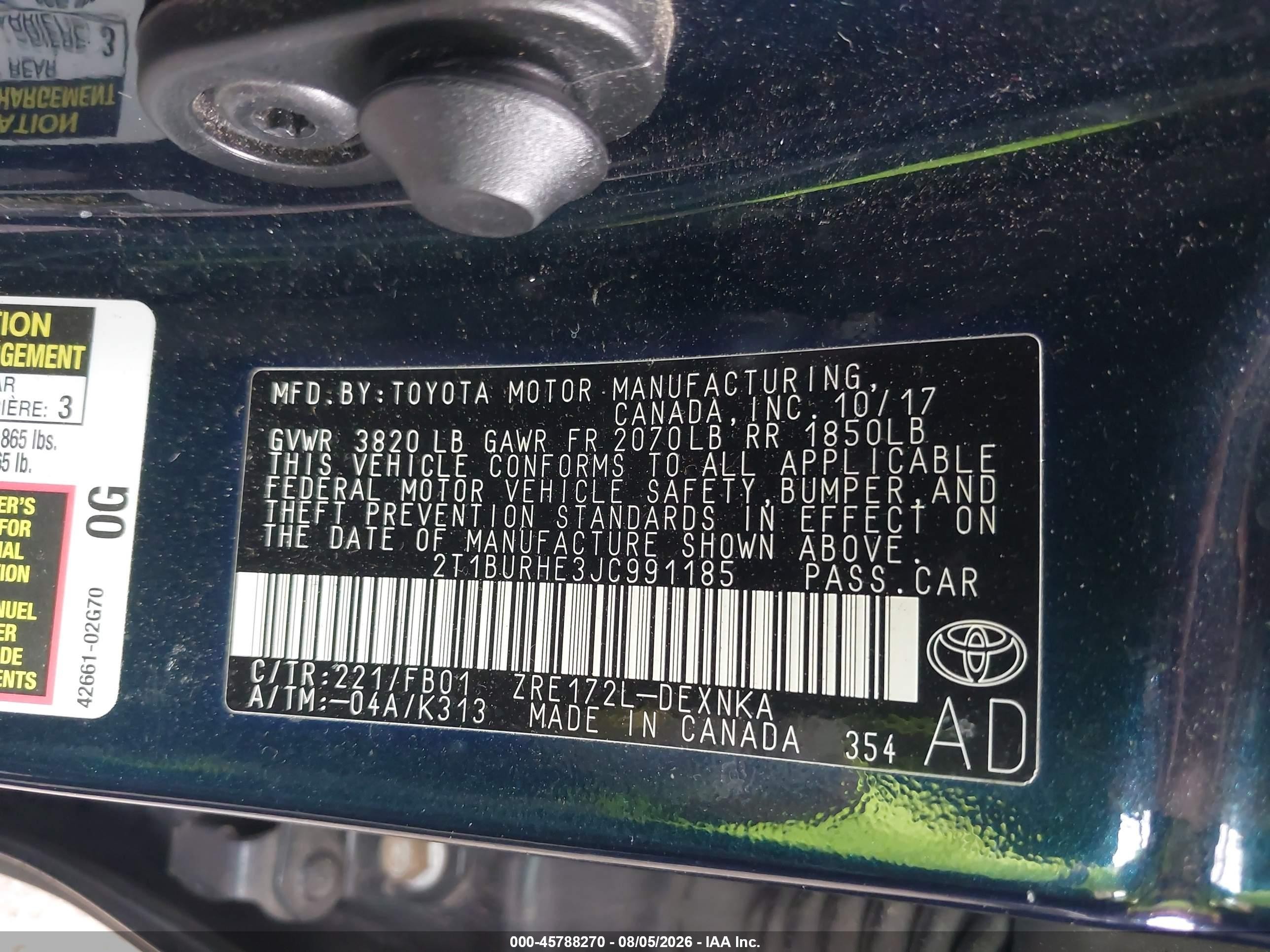 2018 Toyota Corolla Le Blue vin: 2T1BURHE3JC991185
