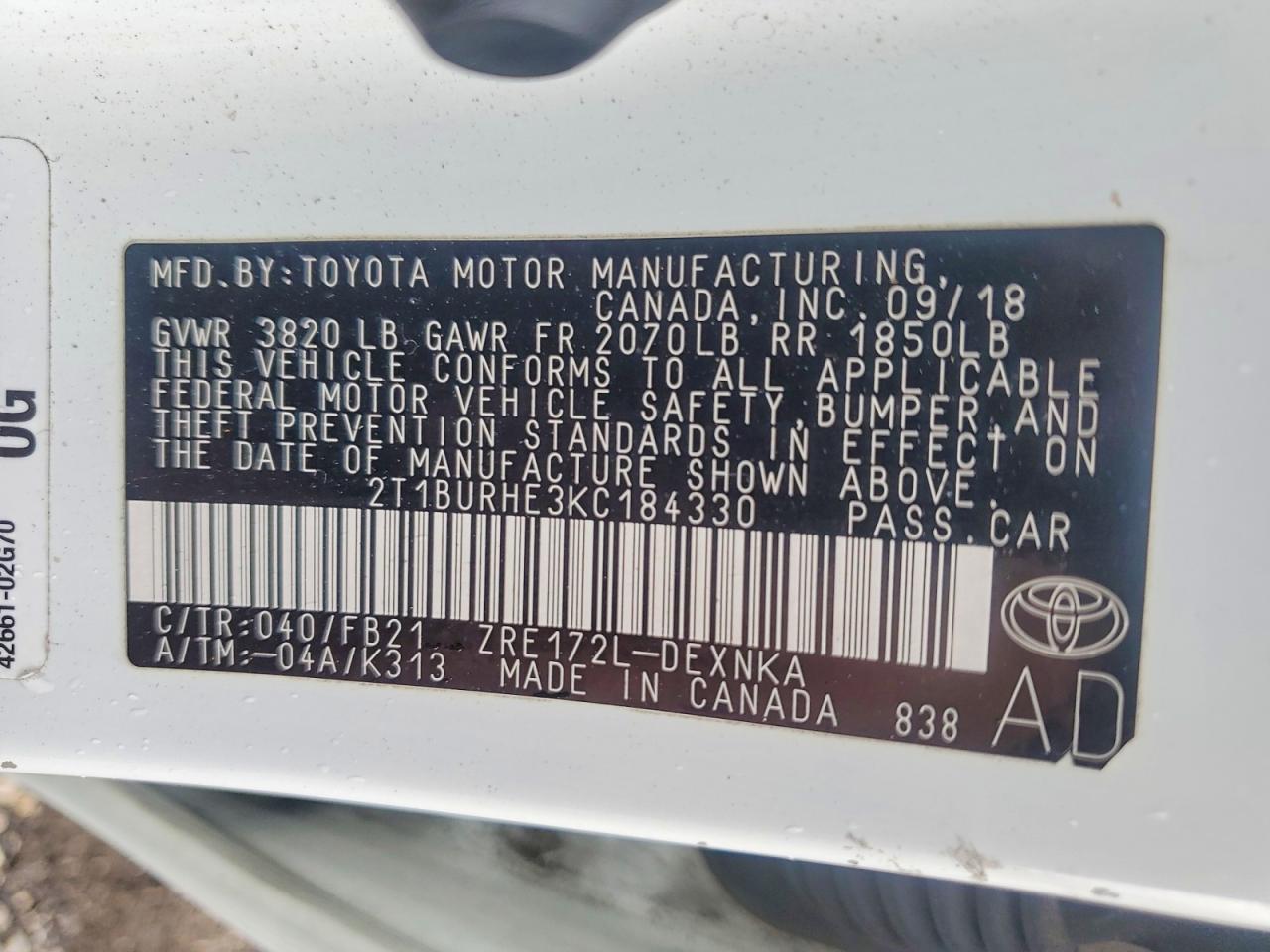 2019 Toyota Corolla Le White vin: 2T1BURHE3KC184330