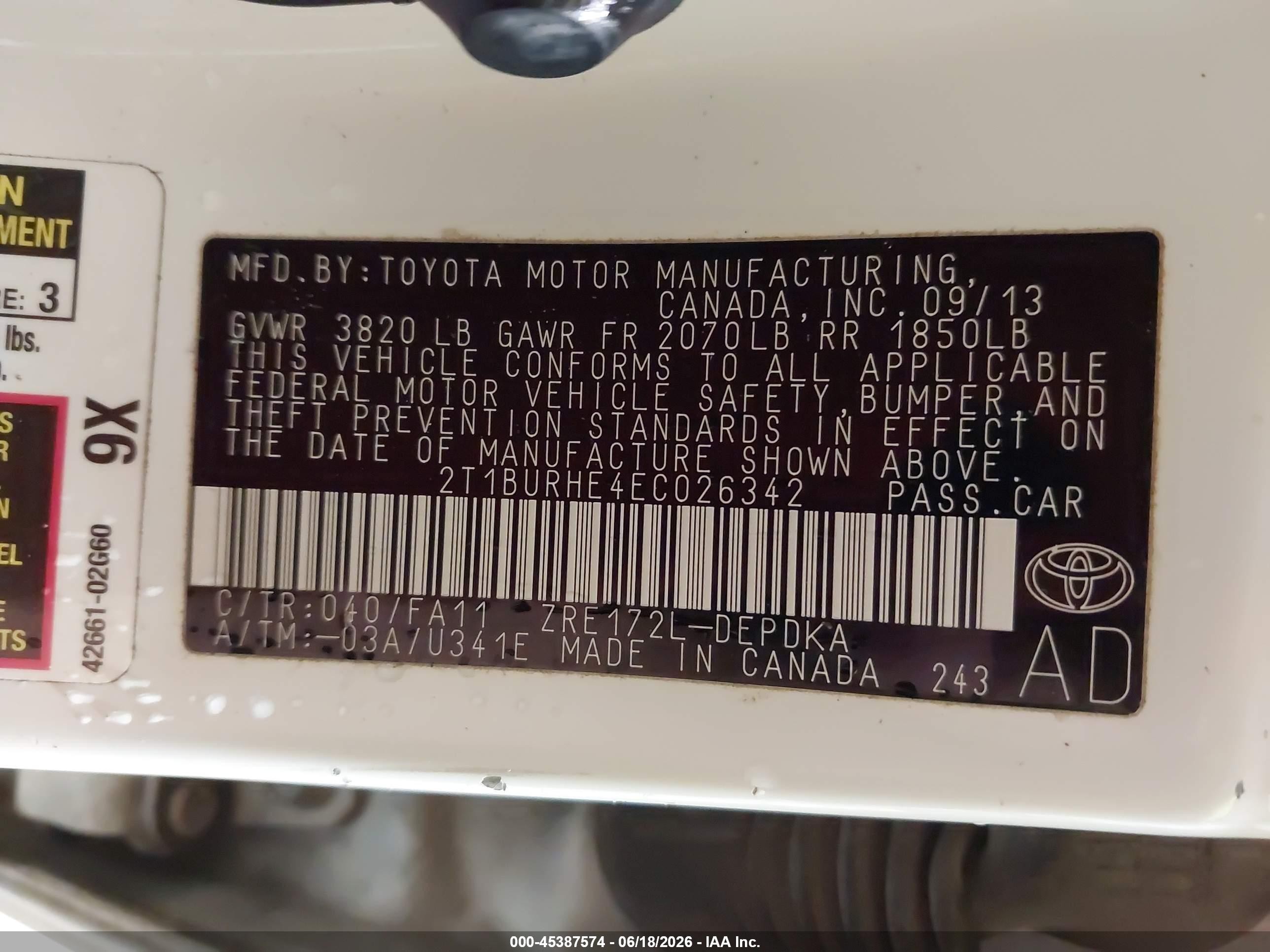 2014 Toyota Corolla L White vin: 2T1BURHE4EC026342