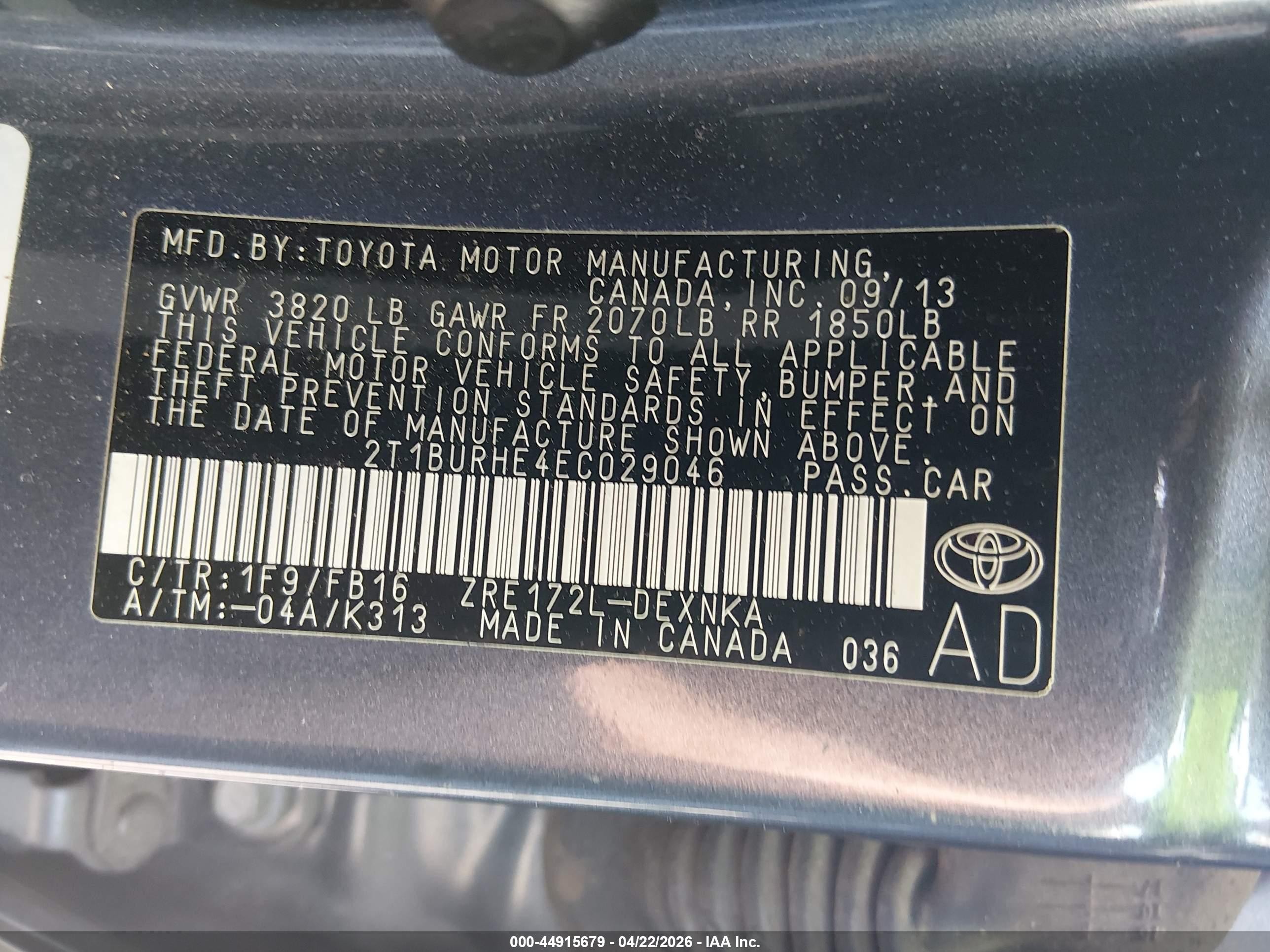 2014 Toyota Corolla Le Blue vin: 2T1BURHE4EC029046