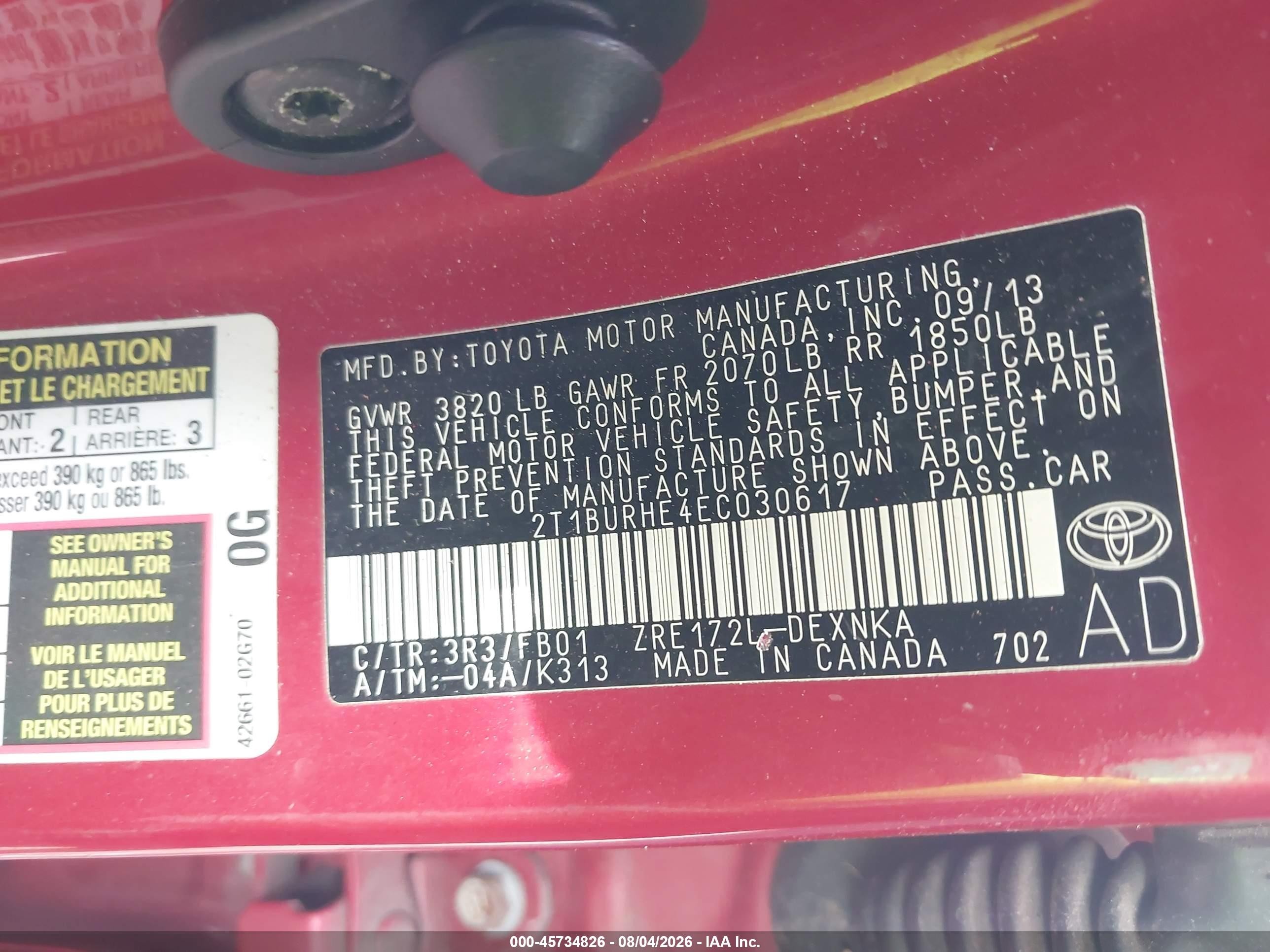 2014 Toyota Corolla Le Plus Red vin: 2T1BURHE4EC030617