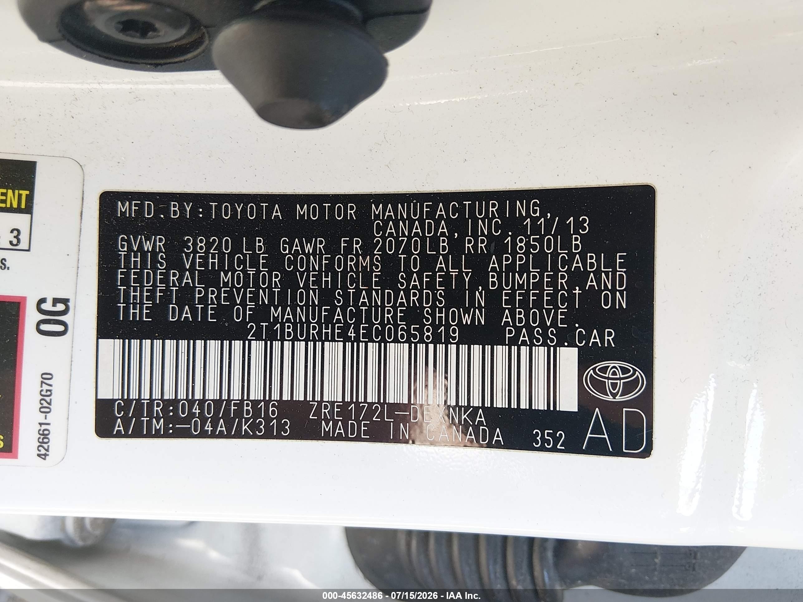 2014 Toyota Corolla Le White vin: 2T1BURHE4EC065819