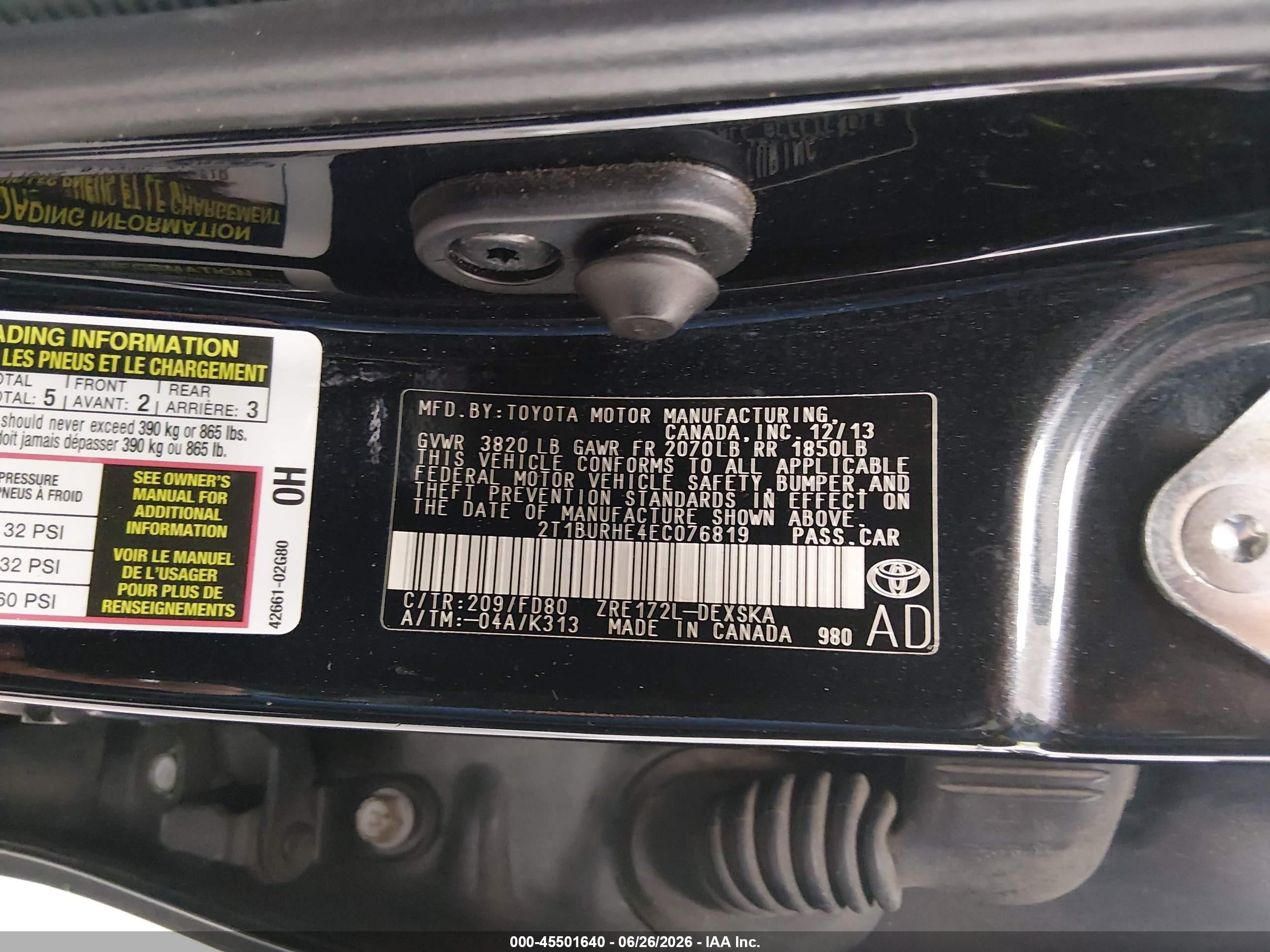 2014 Toyota Corolla S Plus Black vin: 2T1BURHE4EC076819