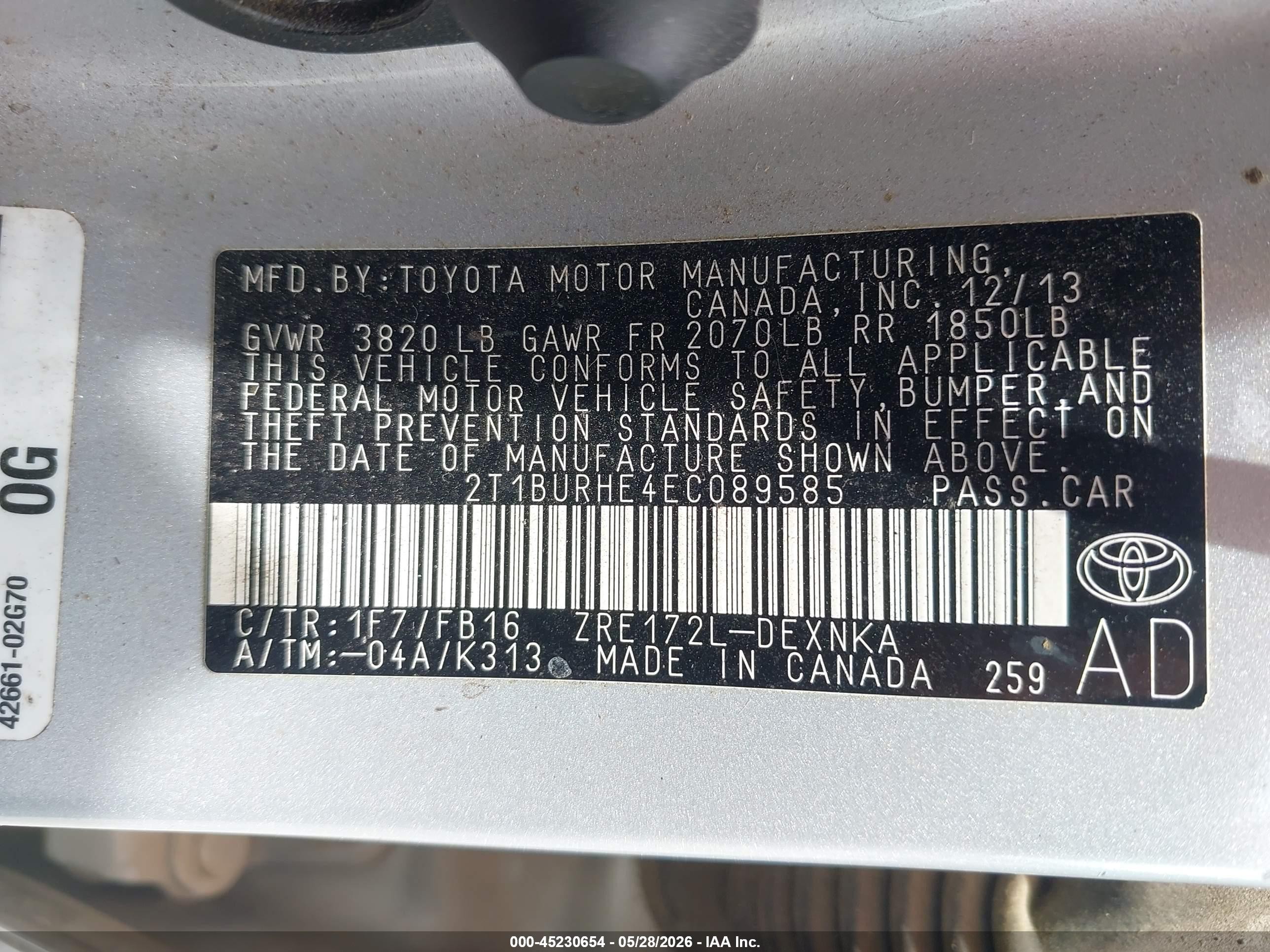 2014 Toyota Corolla Le Silver vin: 2T1BURHE4EC089585