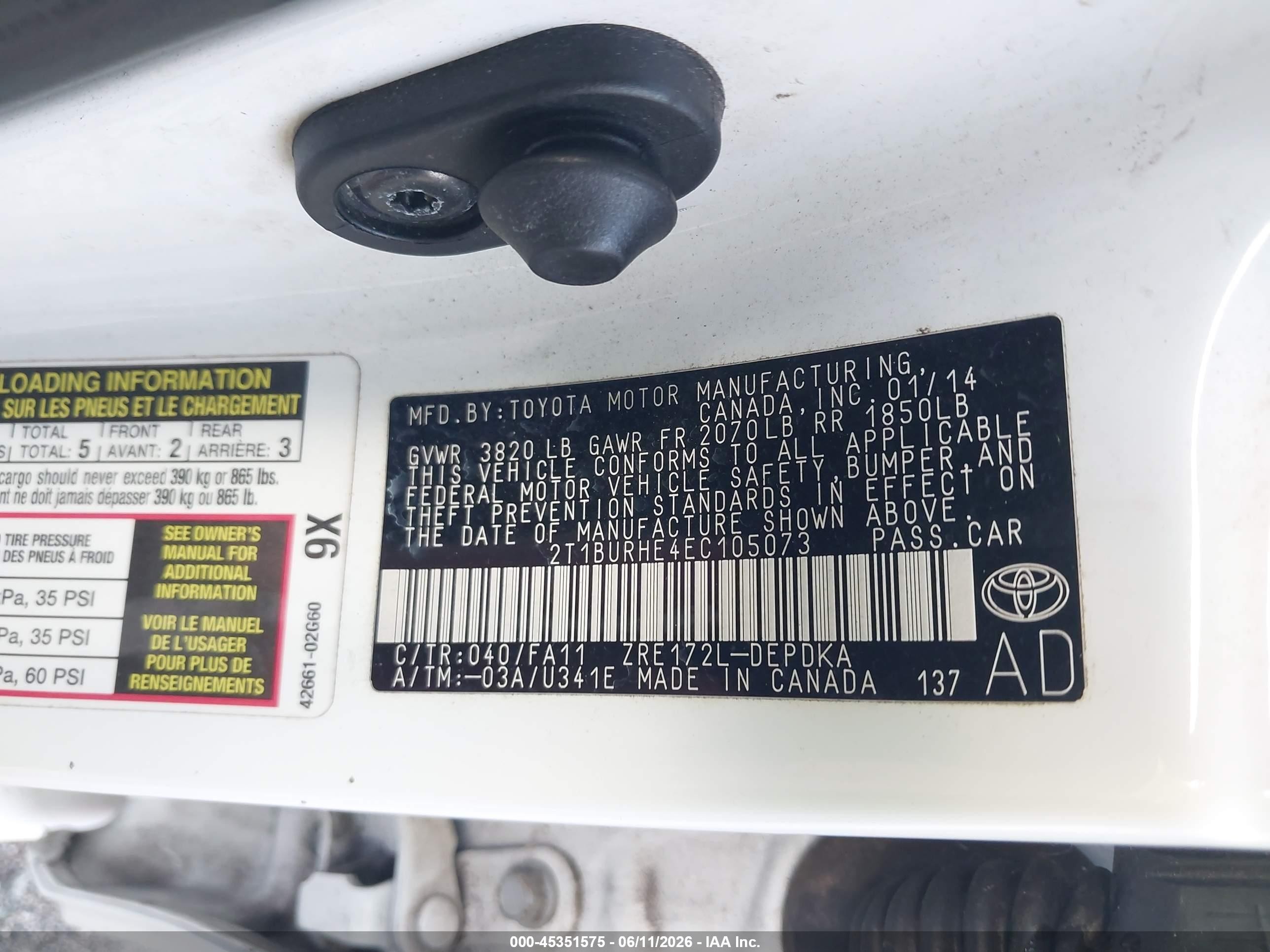 2014 Toyota Corolla L White vin: 2T1BURHE4EC105073