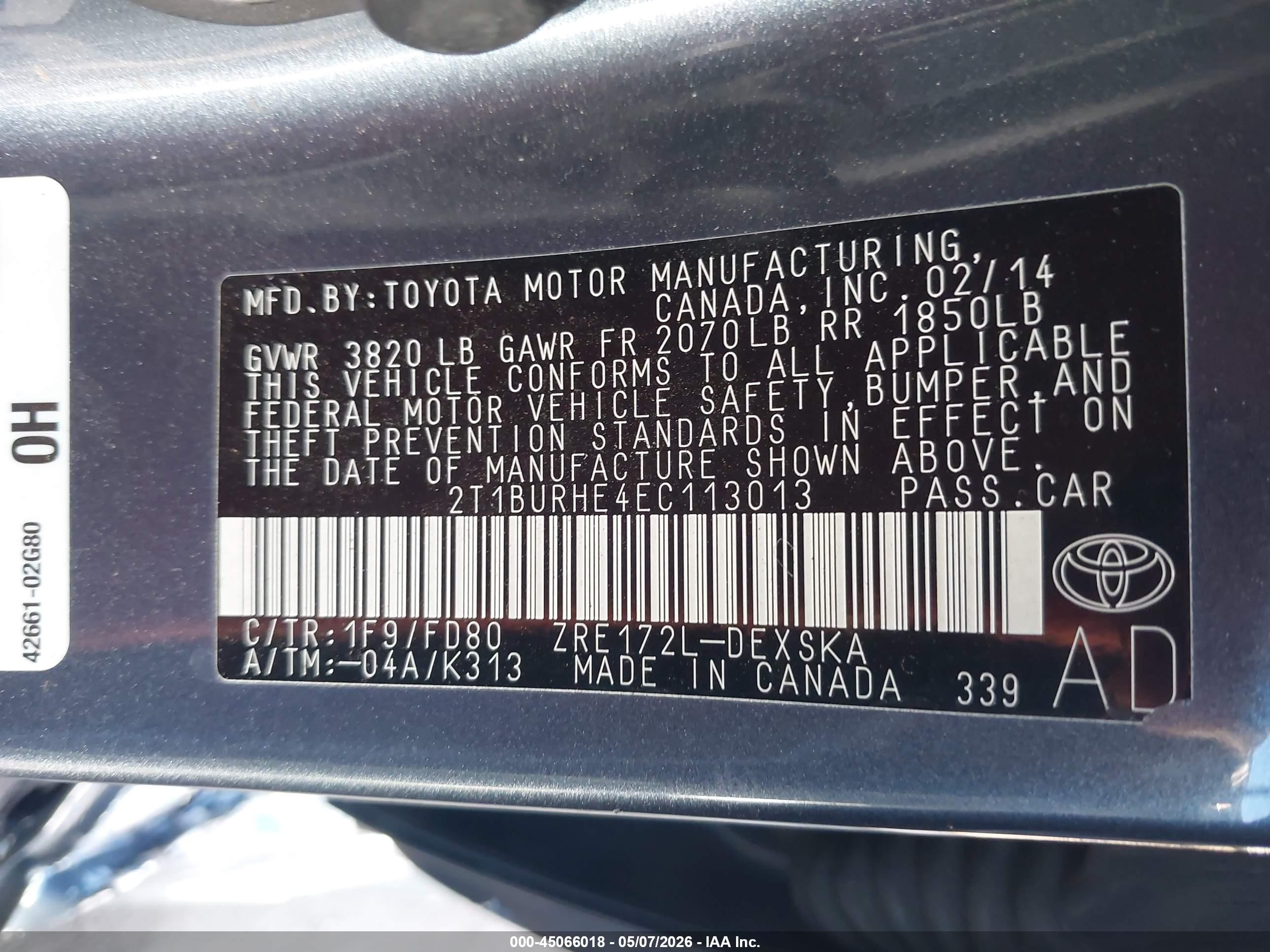 2014 Toyota Corolla S Plus Gray vin: 2T1BURHE4EC113013