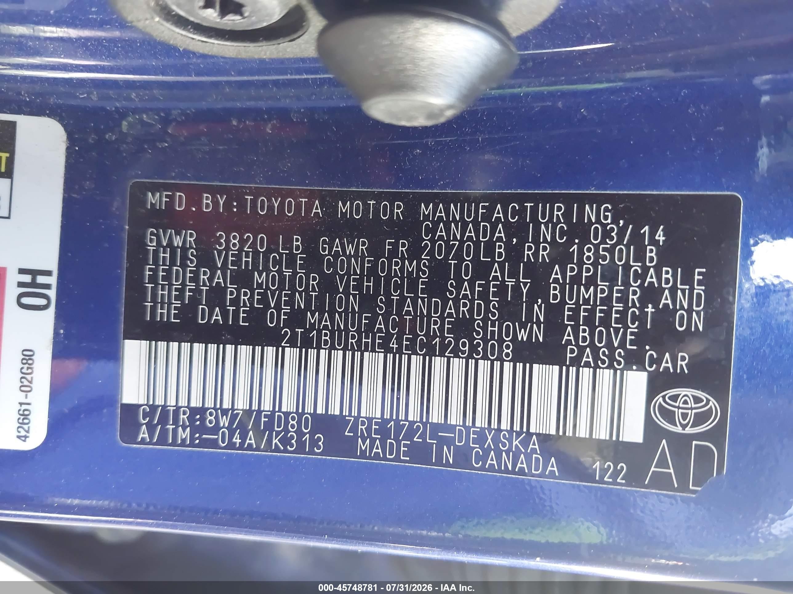 2014 Toyota Corolla S Plus Blue vin: 2T1BURHE4EC129308