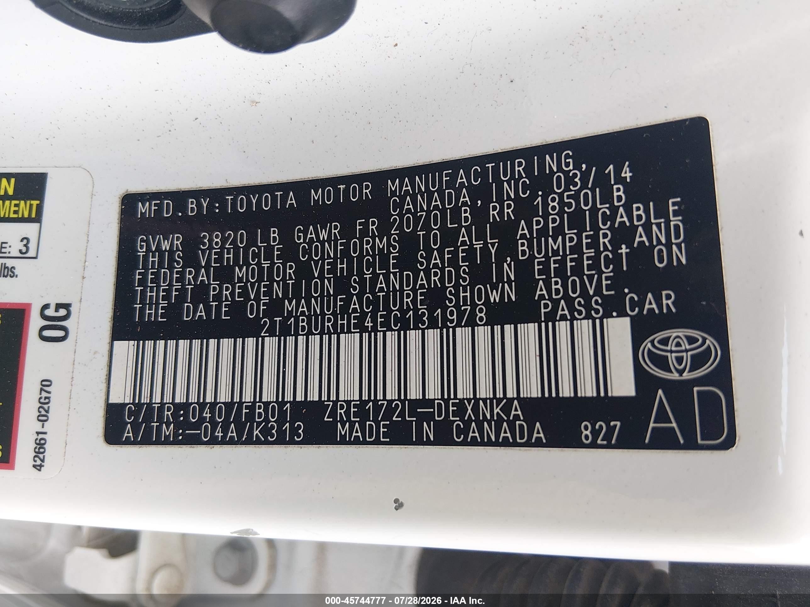 2014 Toyota Corolla Le White vin: 2T1BURHE4EC131978