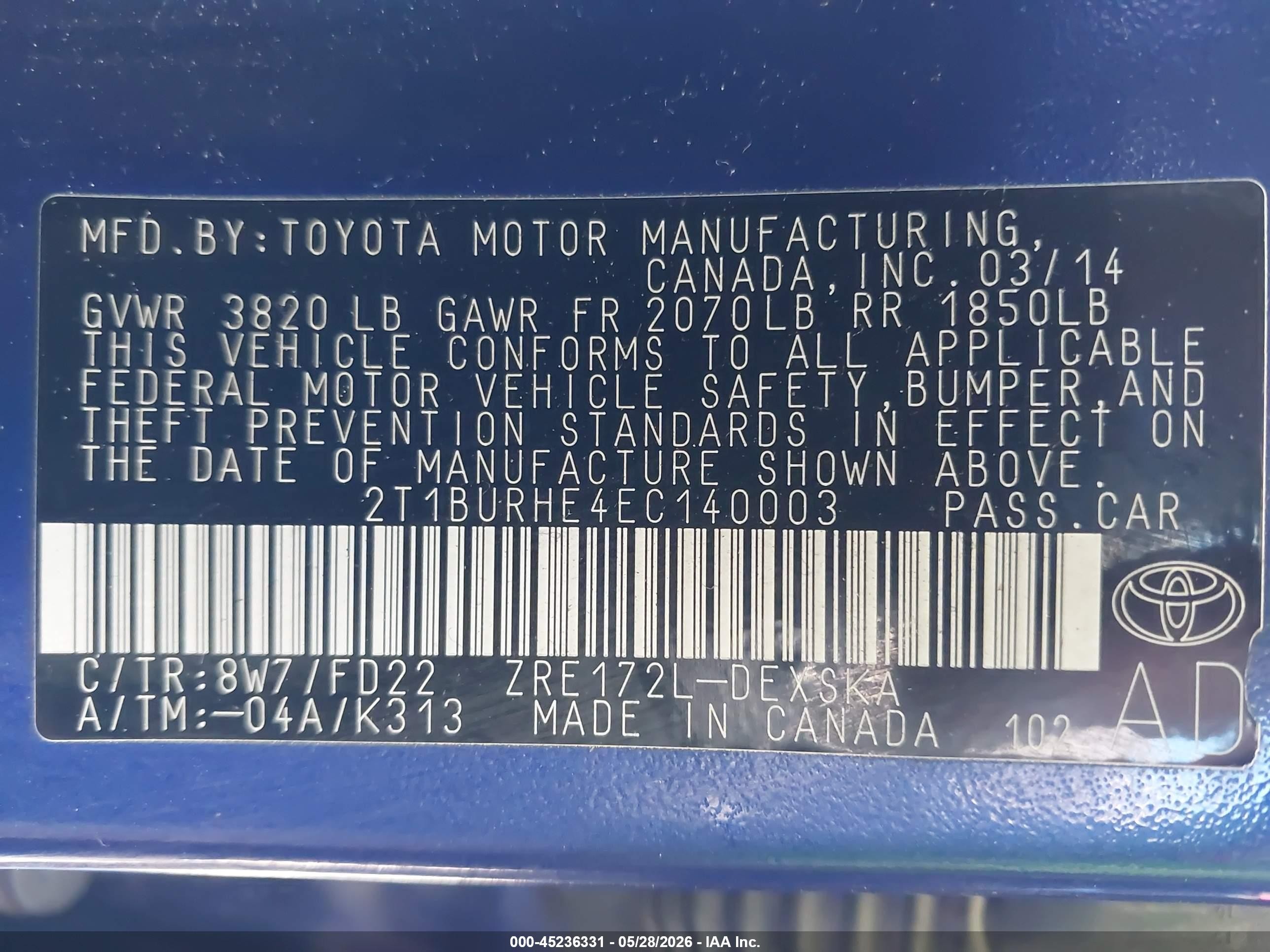 2014 Toyota Corolla S Plus Blue vin: 2T1BURHE4EC140003