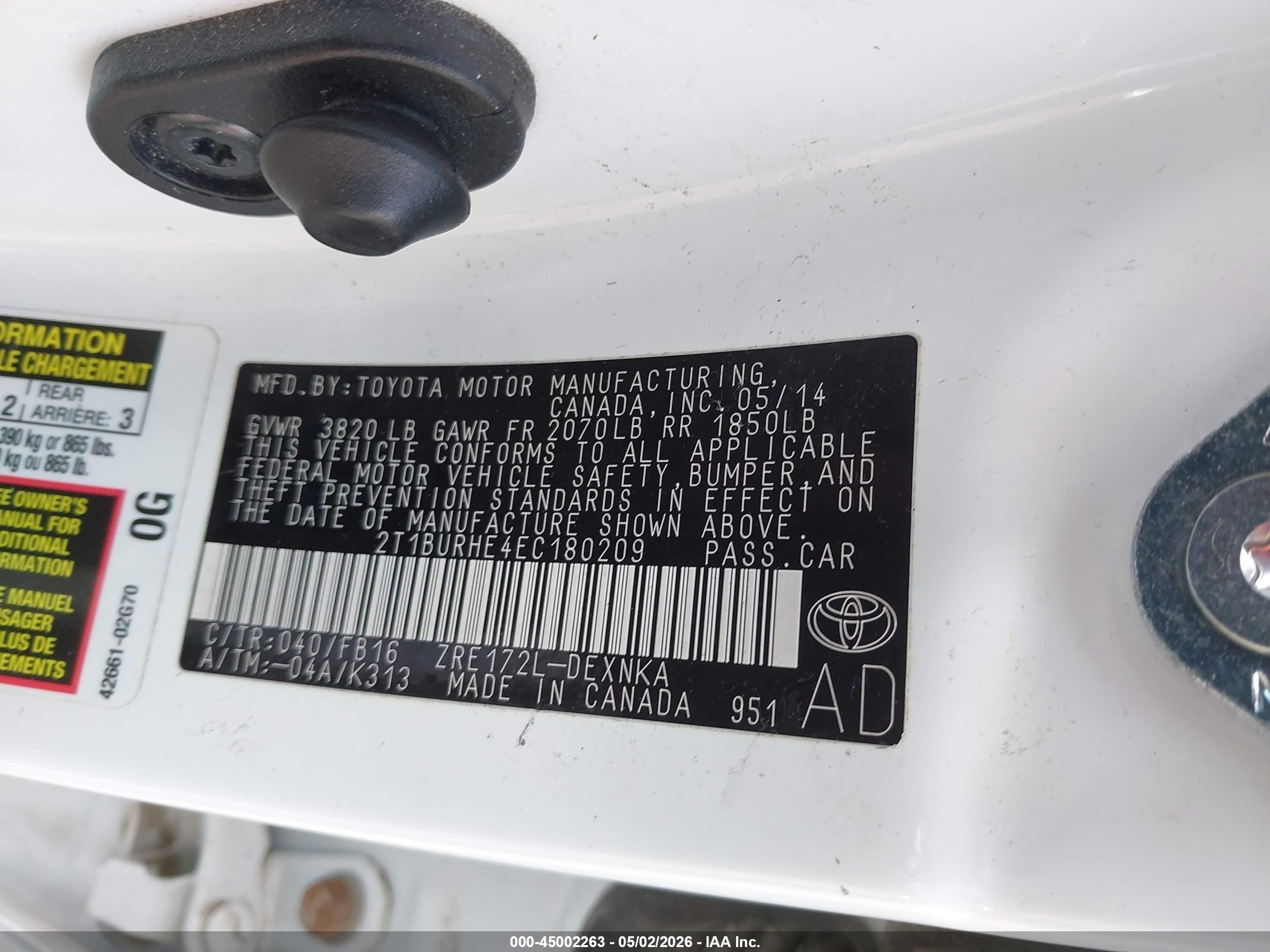 2014 Toyota Corolla Le White vin: 2T1BURHE4EC180209