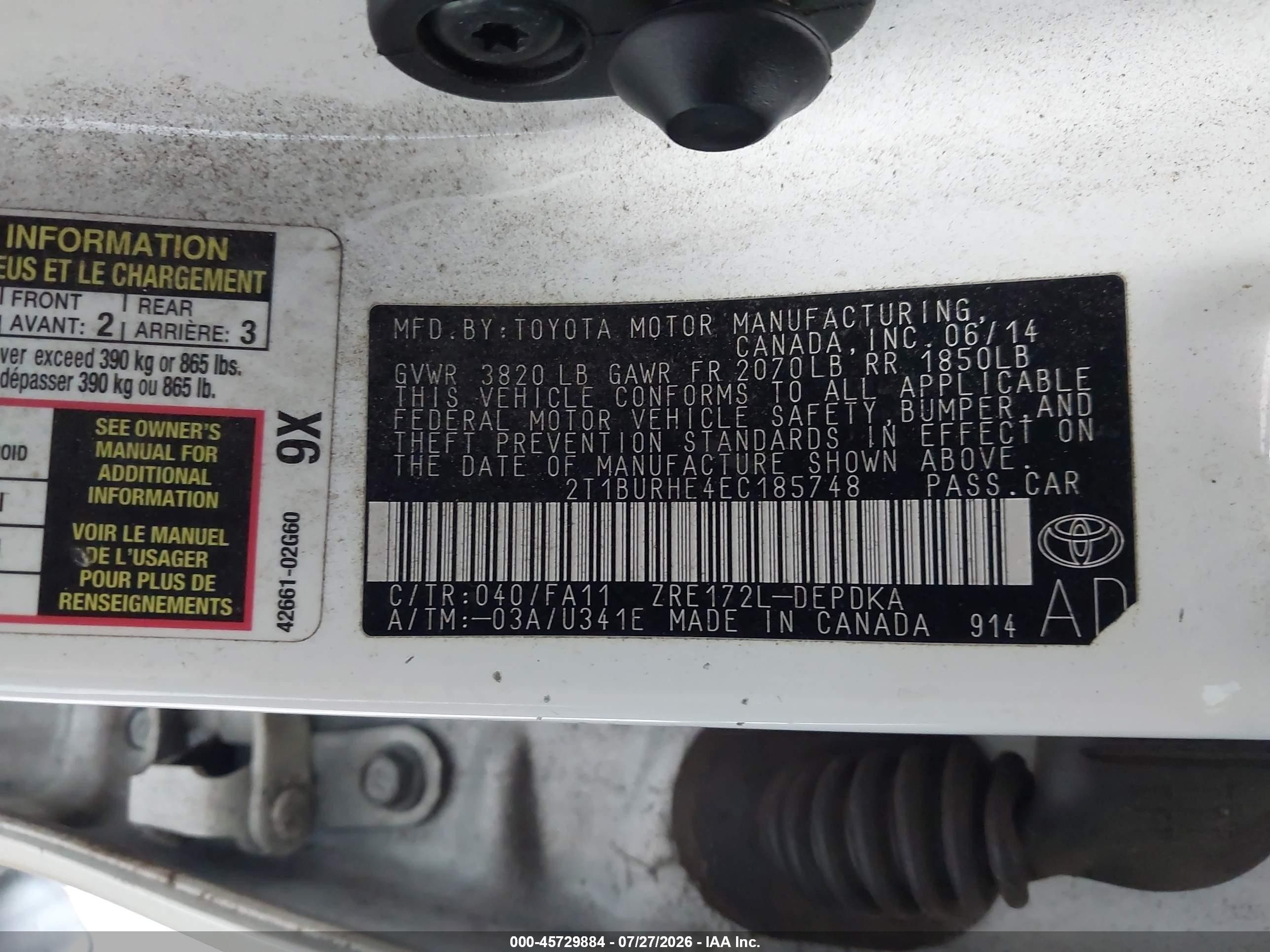2014 Toyota Corolla L White vin: 2T1BURHE4EC185748