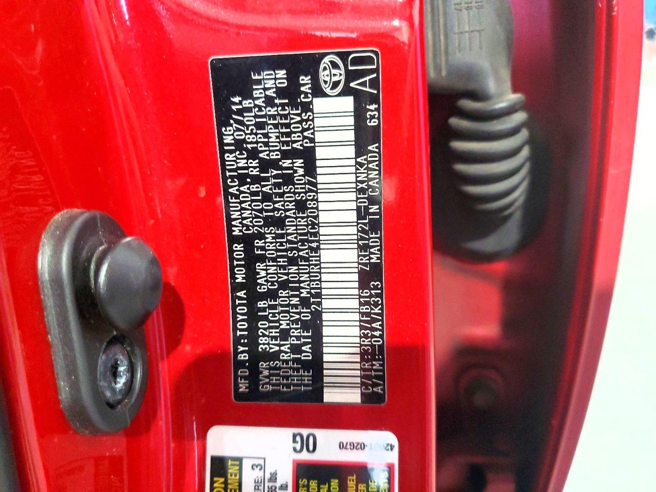 2014 Toyota Corolla Le Red vin: 2T1BURHE4EC208977