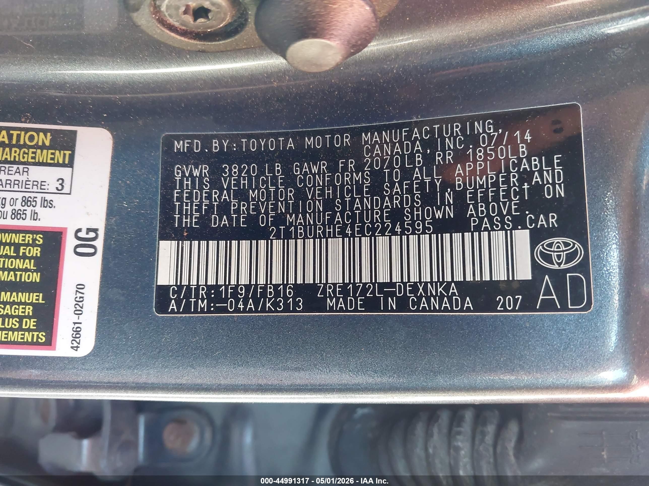 2014 Toyota Corolla Le Gray vin: 2T1BURHE4EC224595