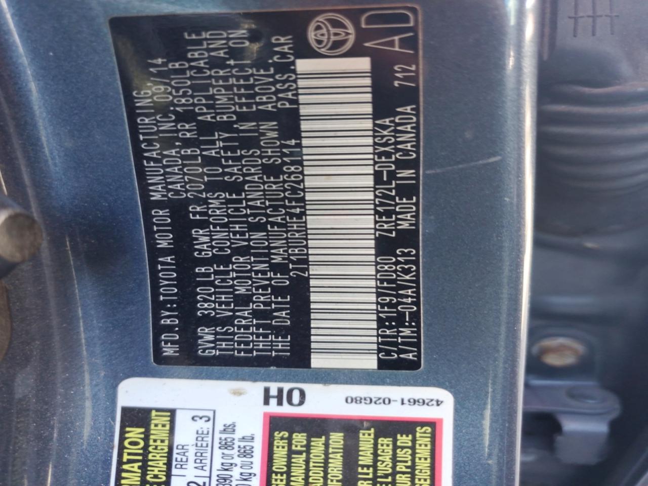 2015 Toyota Corolla S Plus Charcoal vin: 2T1BURHE4FC268114