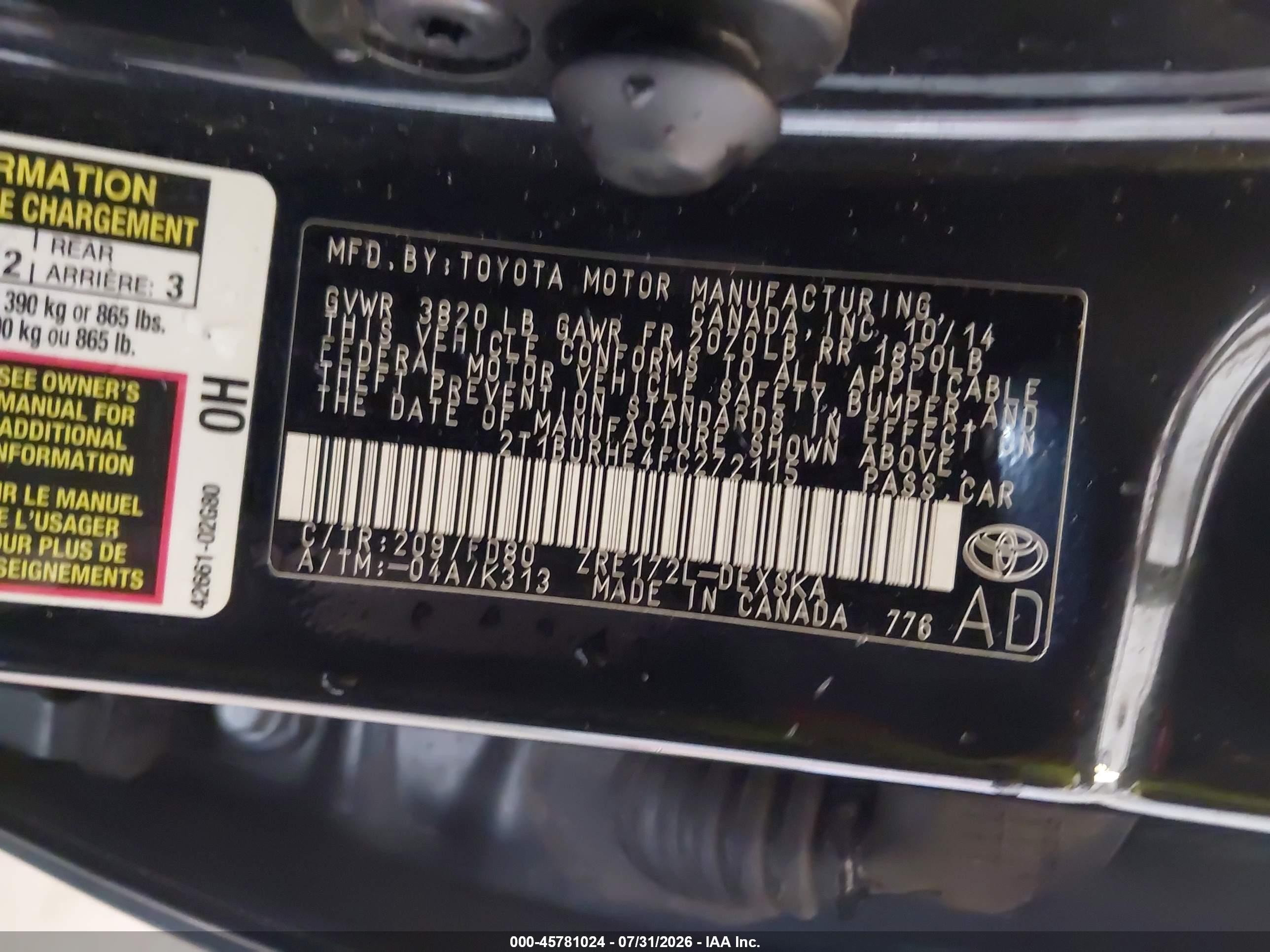 2015 Toyota Corolla S Plus Black vin: 2T1BURHE4FC272115