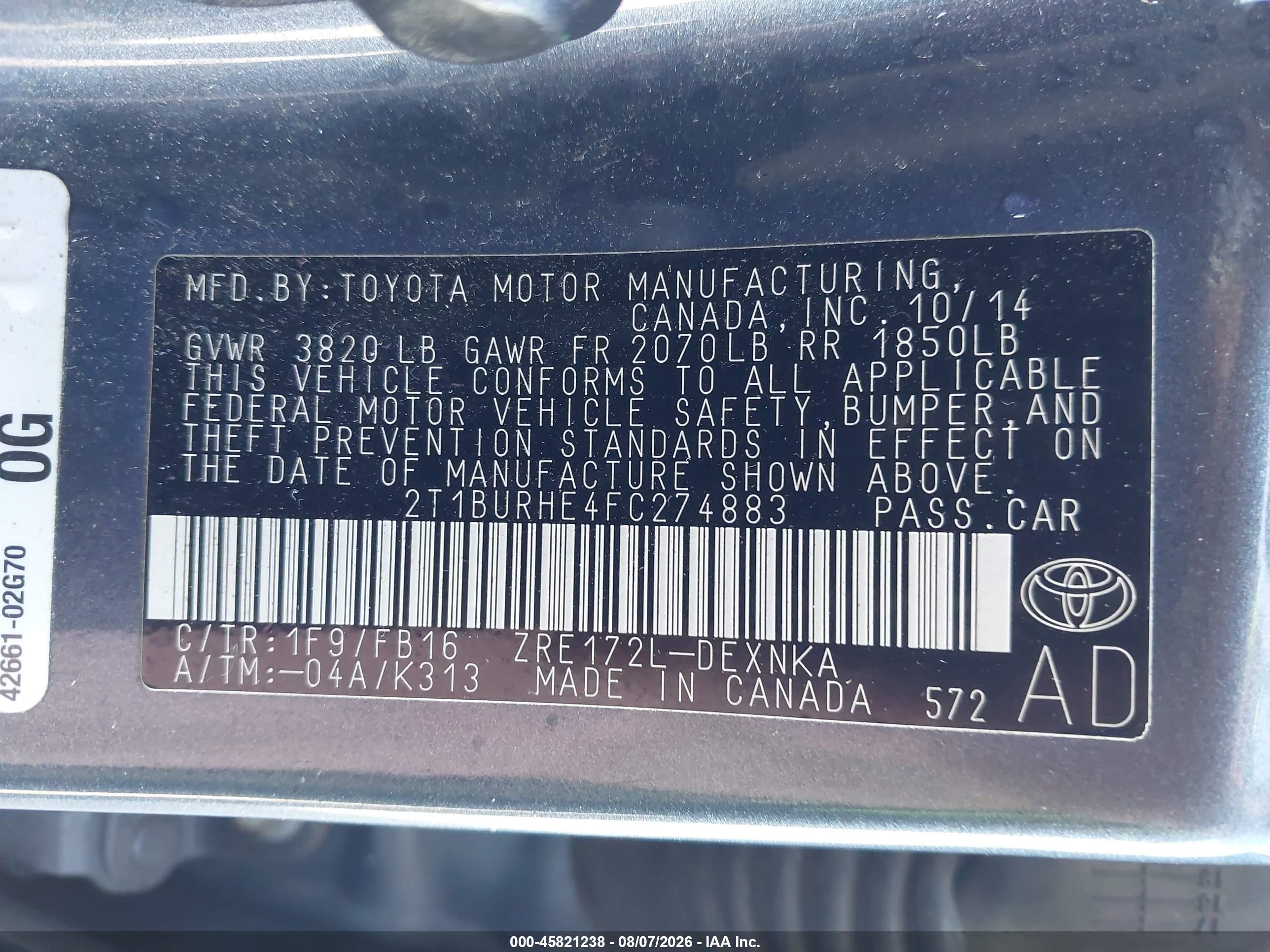 2015 Toyota Corolla Le Gray vin: 2T1BURHE4FC274883