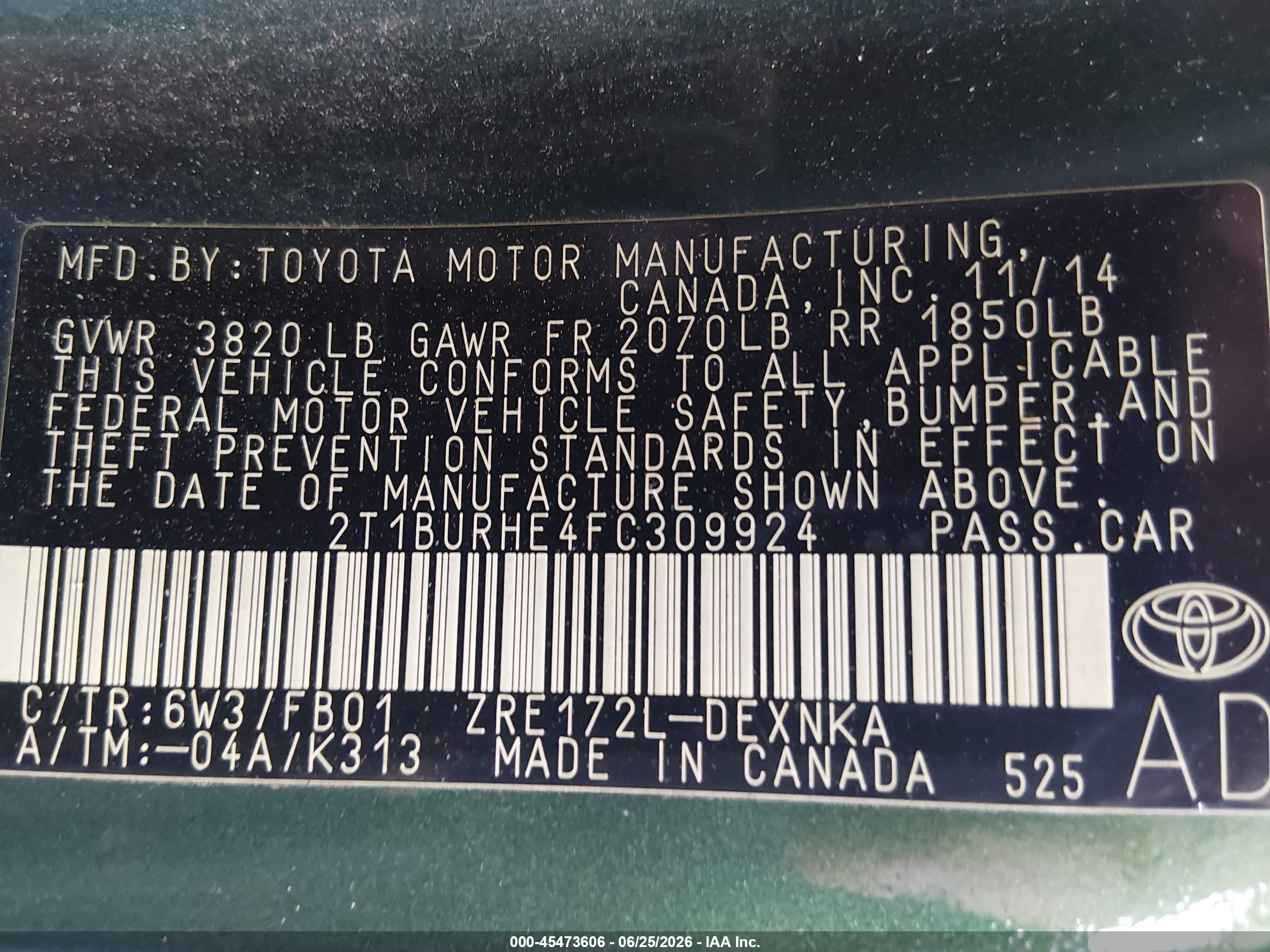 2015 Toyota Corolla Le Green vin: 2T1BURHE4FC309924