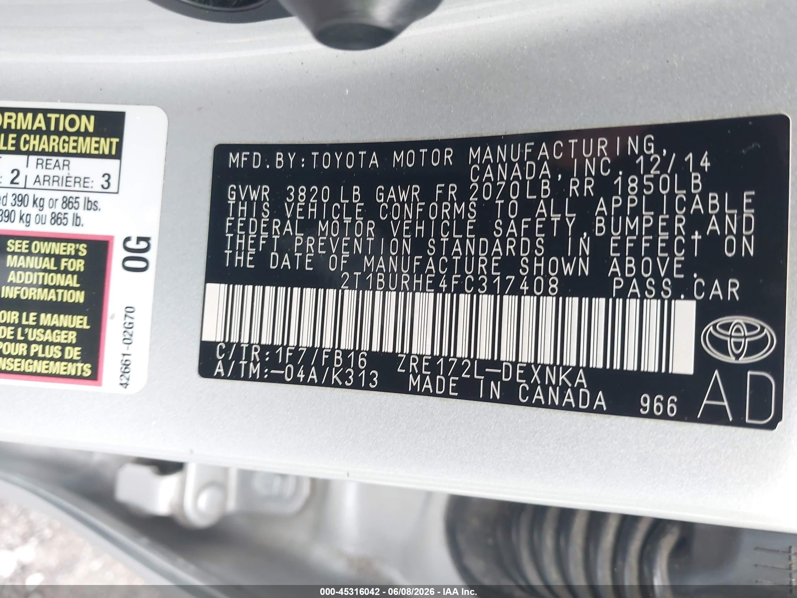 2015 Toyota Corolla Le Серый vin: 2T1BURHE4FC317408
