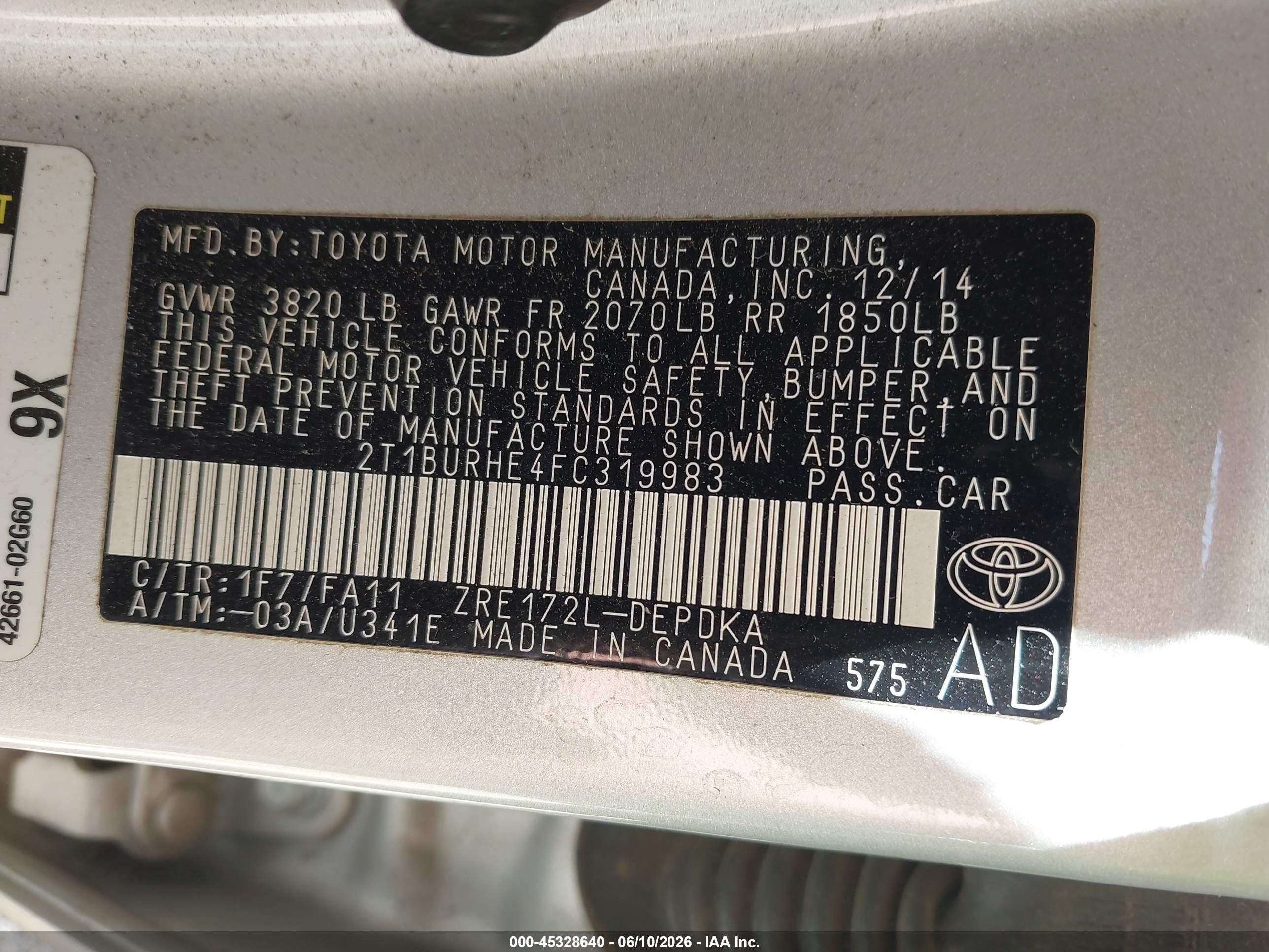 2015 Toyota Corolla L Серебряный vin: 2T1BURHE4FC319983