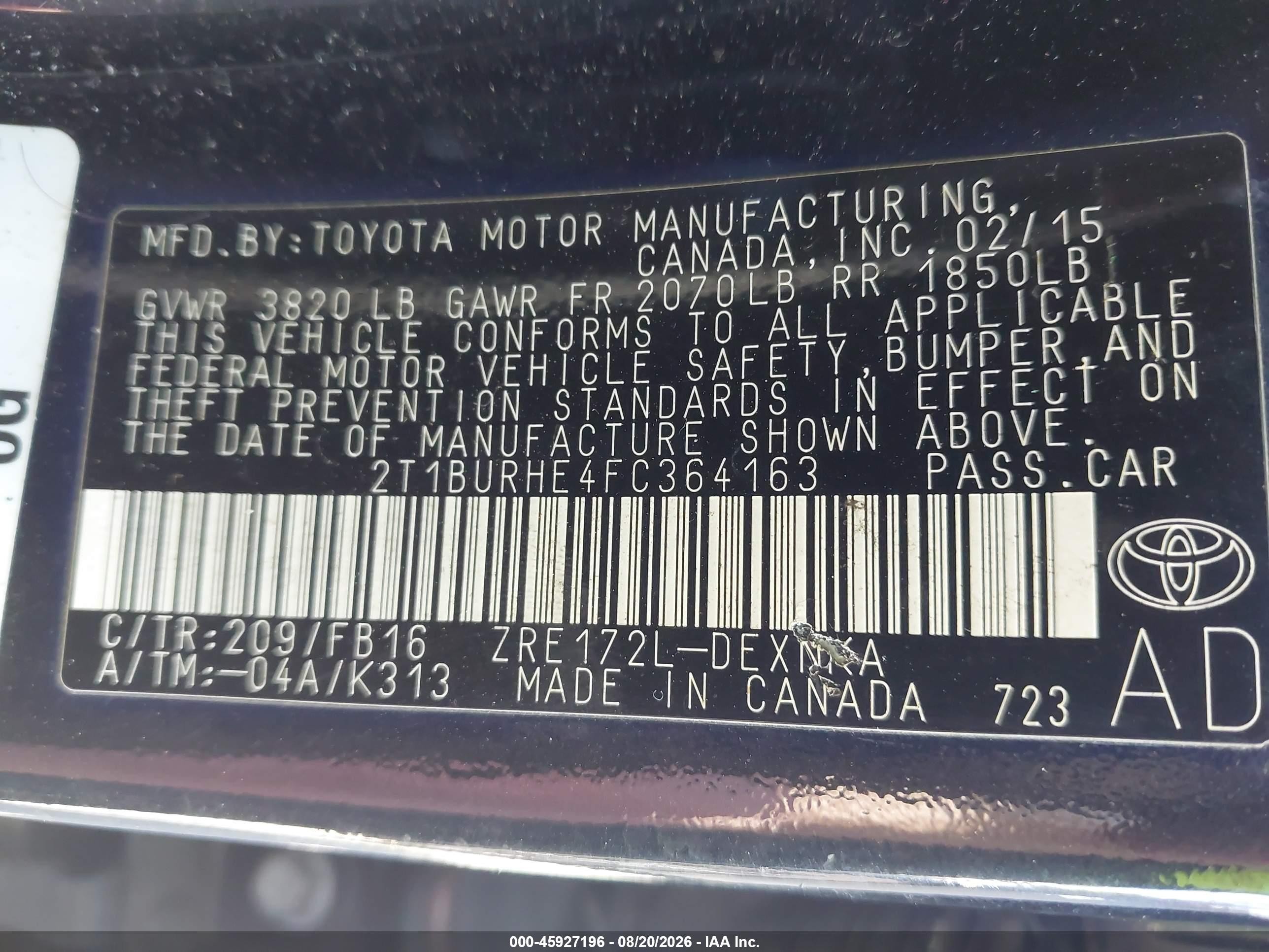 2015 Toyota Corolla Le Black vin: 2T1BURHE4FC364163