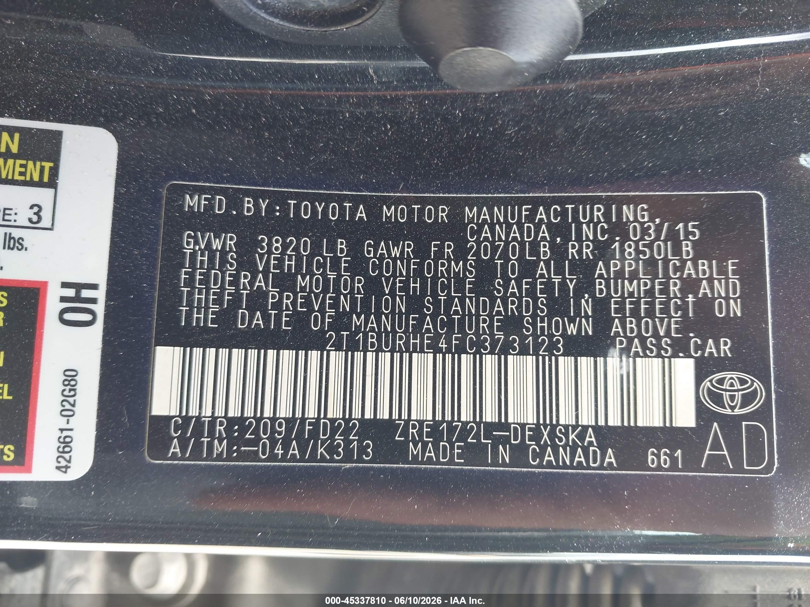2015 Toyota Corolla S Plus Black vin: 2T1BURHE4FC373123