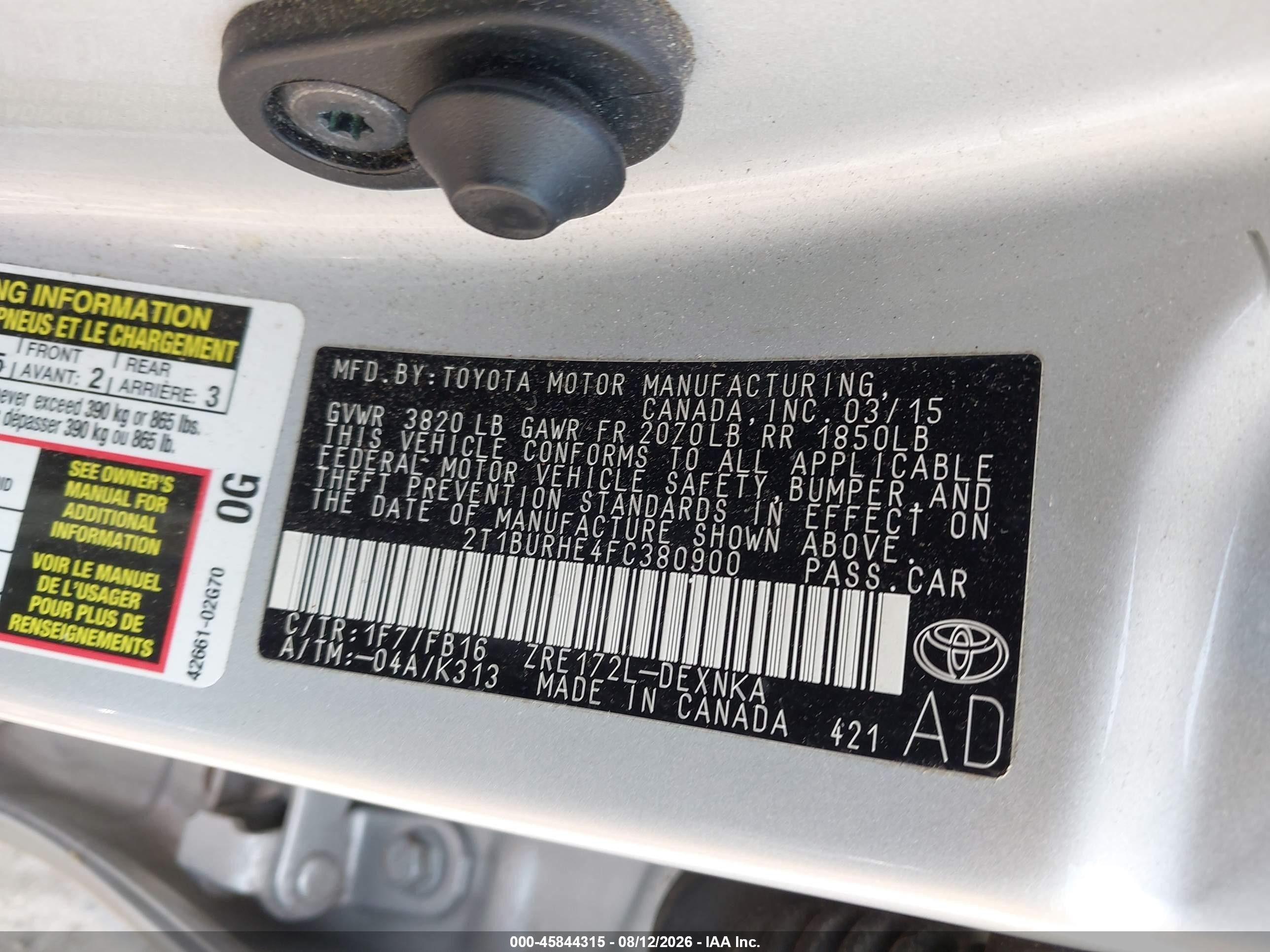 2015 Toyota Corolla Le Gray vin: 2T1BURHE4FC380900