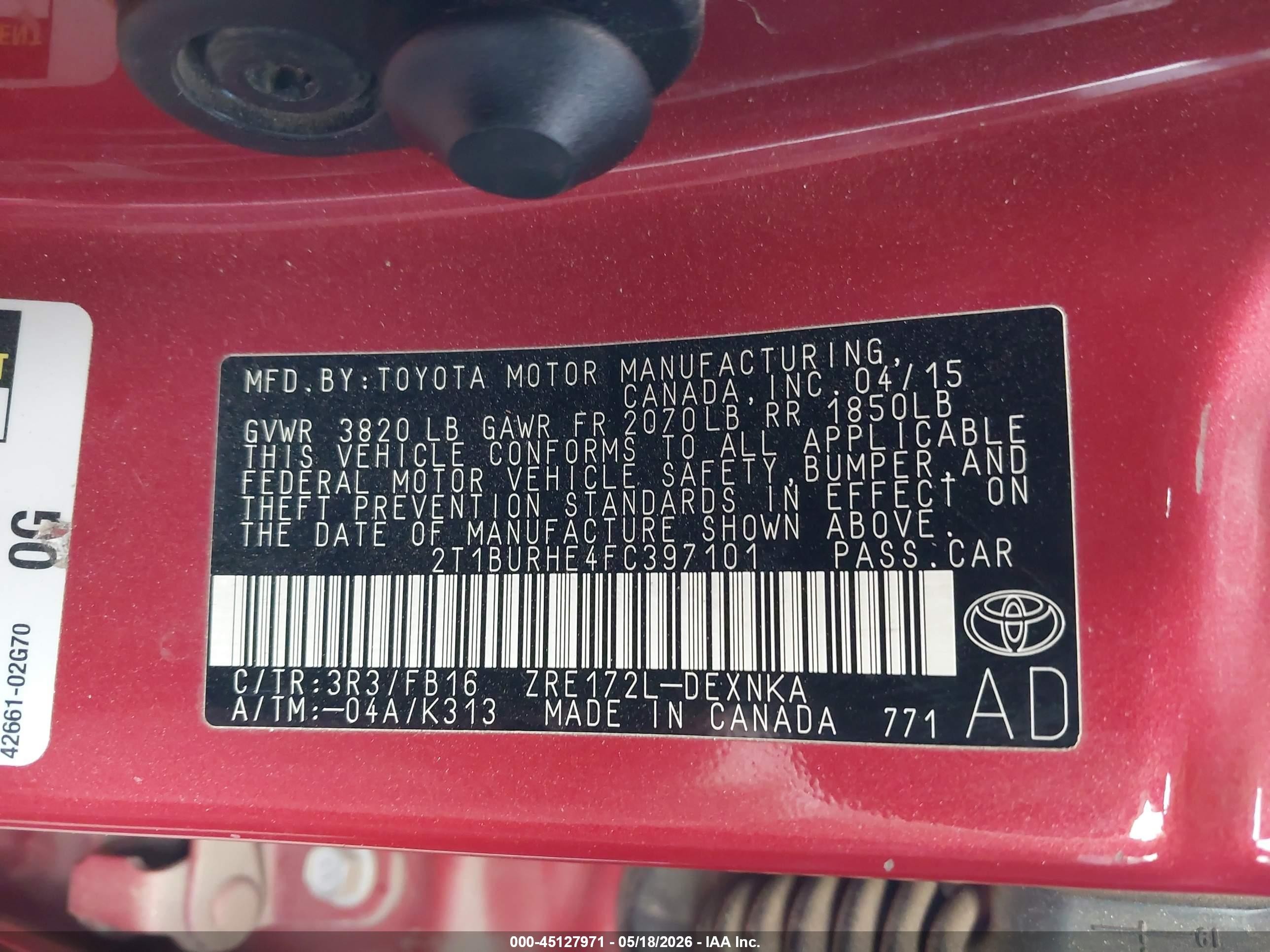2015 Toyota Corolla Le Red vin: 2T1BURHE4FC397101