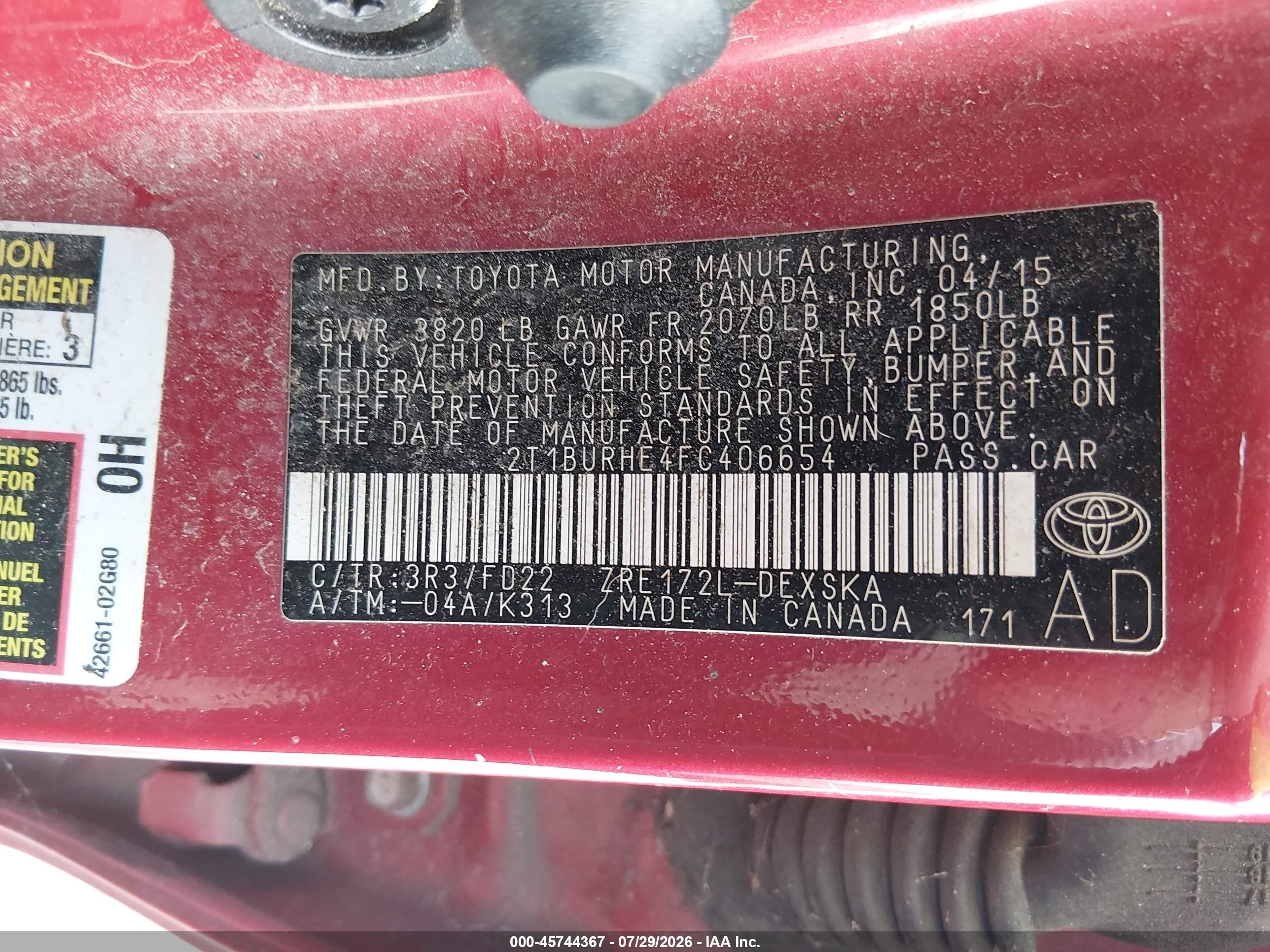 2015 Toyota Corolla S Plus Red vin: 2T1BURHE4FC406654