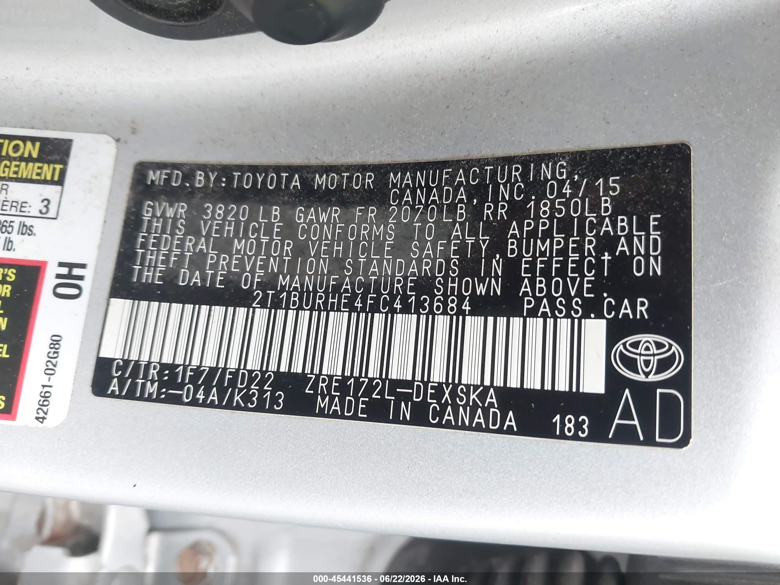 2015 Toyota Corolla S Plus Silver vin: 2T1BURHE4FC413684
