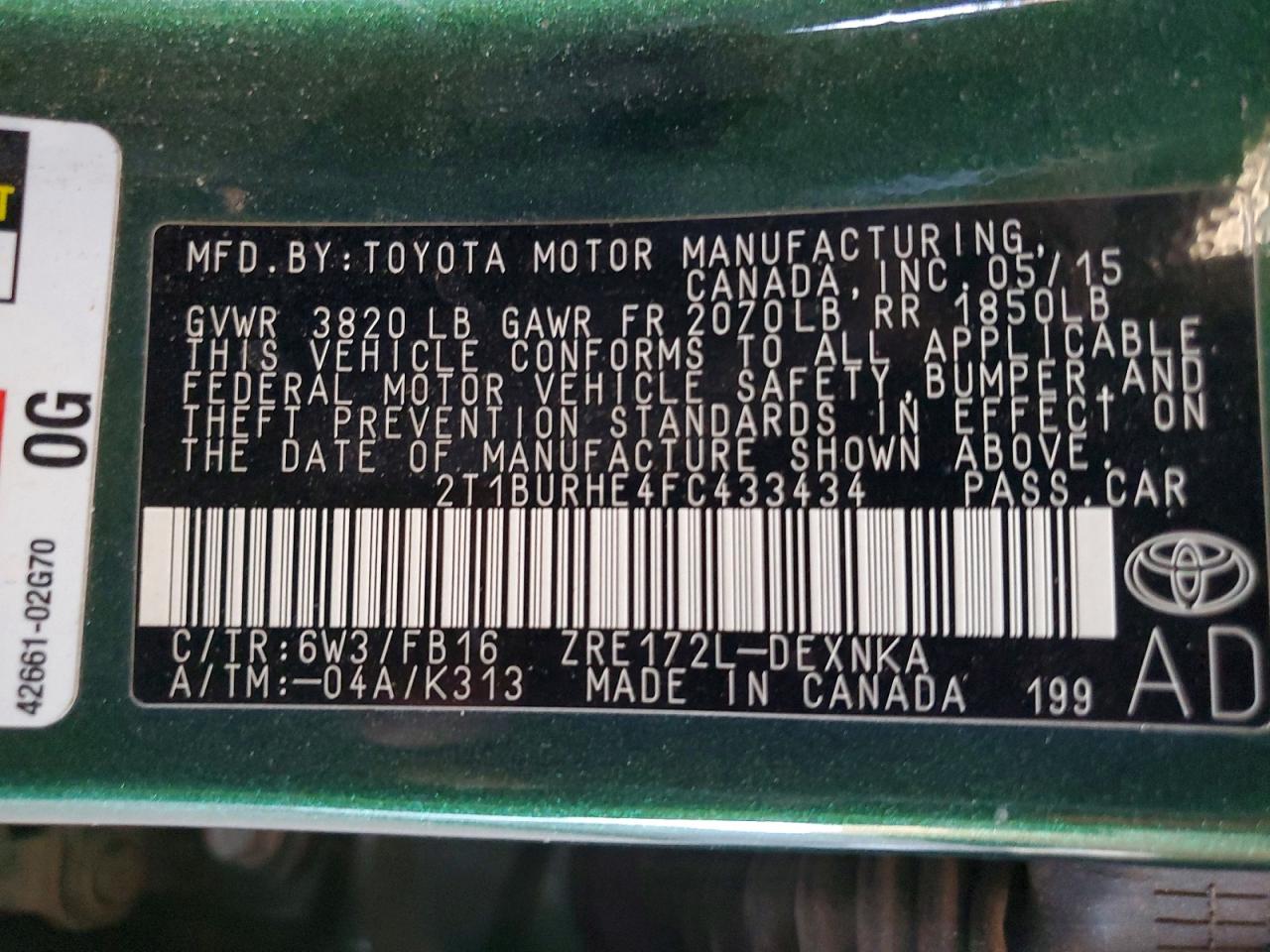 2015 Toyota Corolla Le Green vin: 2T1BURHE4FC433434