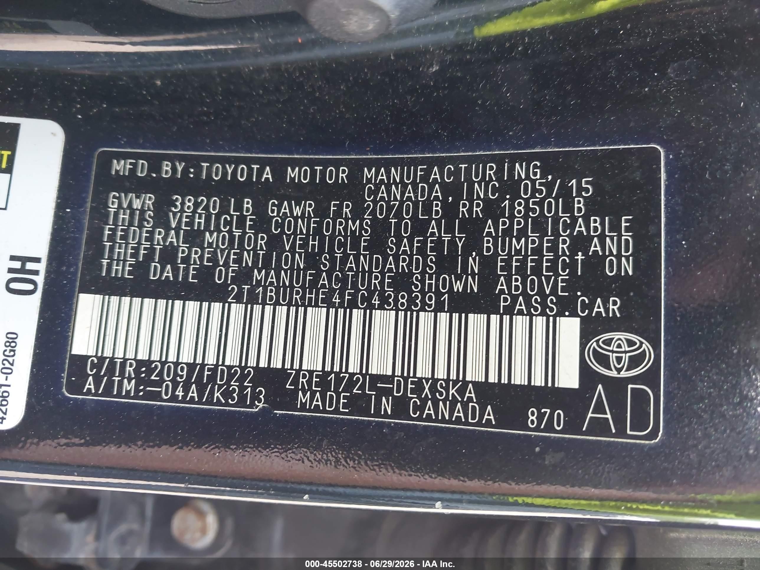 2015 Toyota Corolla S Plus Black vin: 2T1BURHE4FC438391