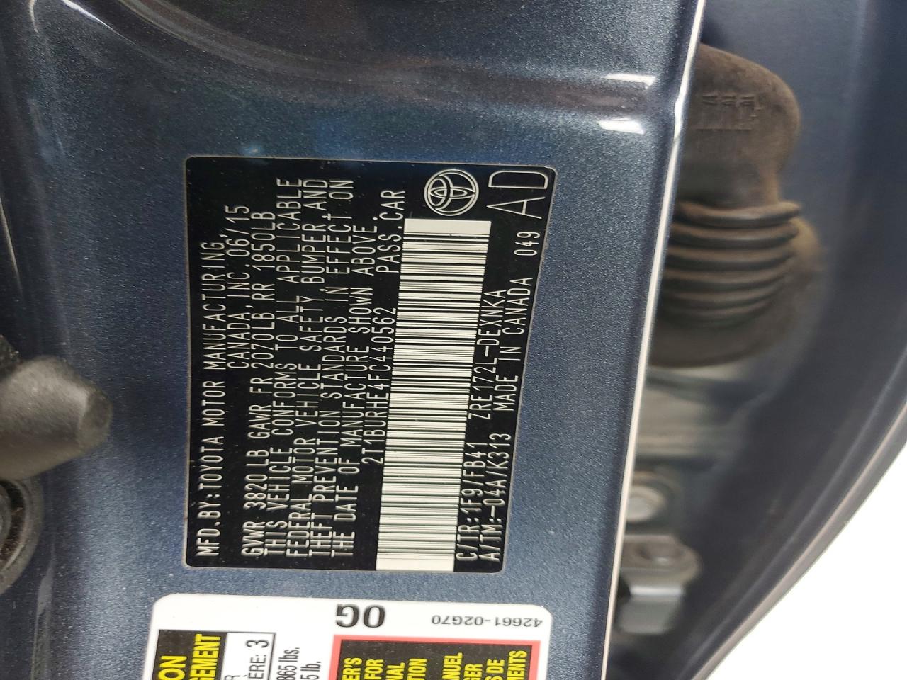 2015 Toyota Corolla Le Charcoal vin: 2T1BURHE4FC440562