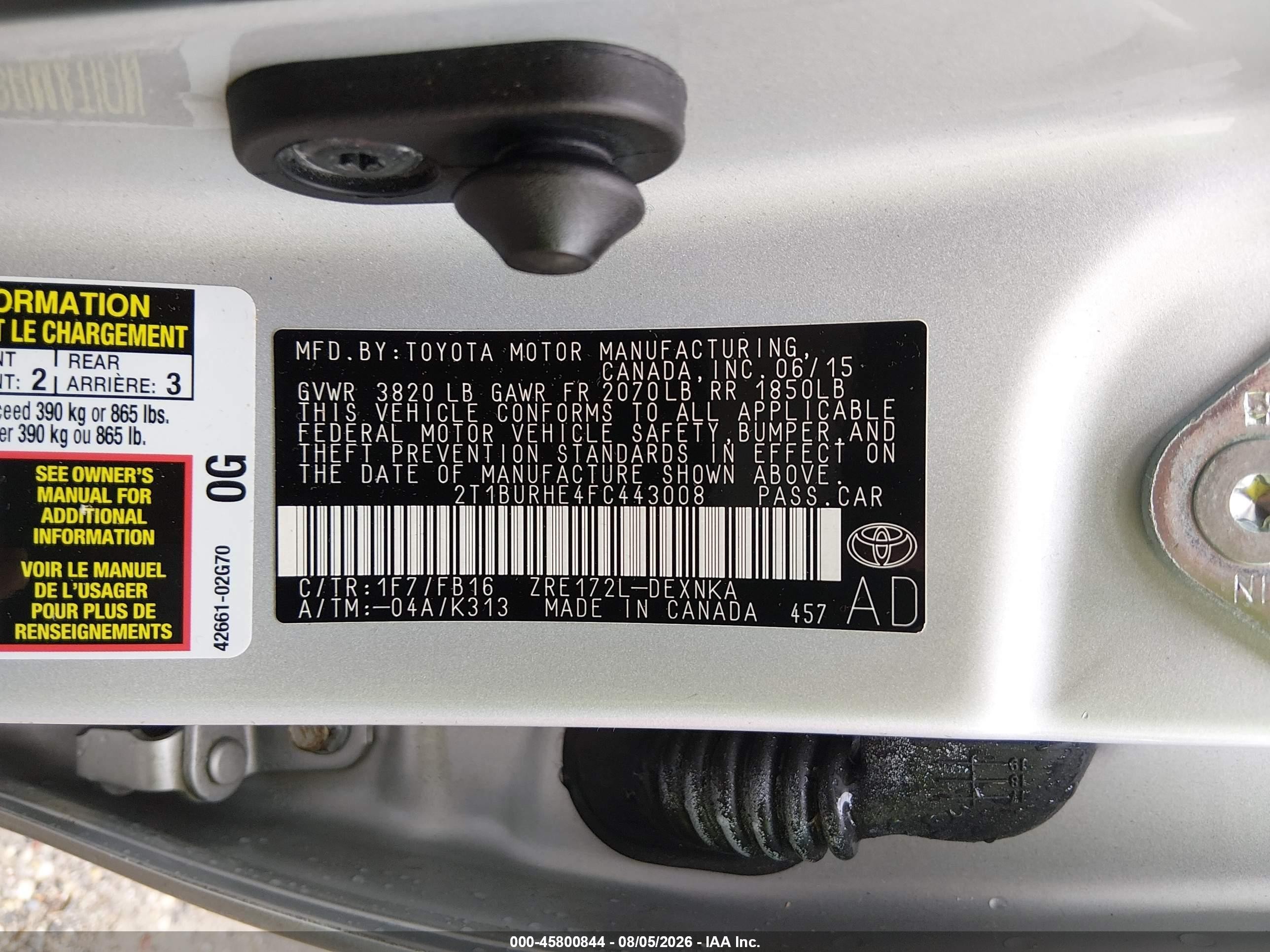 2015 Toyota Corolla L/le/le Pls/prm/s/s Pls Silver vin: 2T1BURHE4FC443008