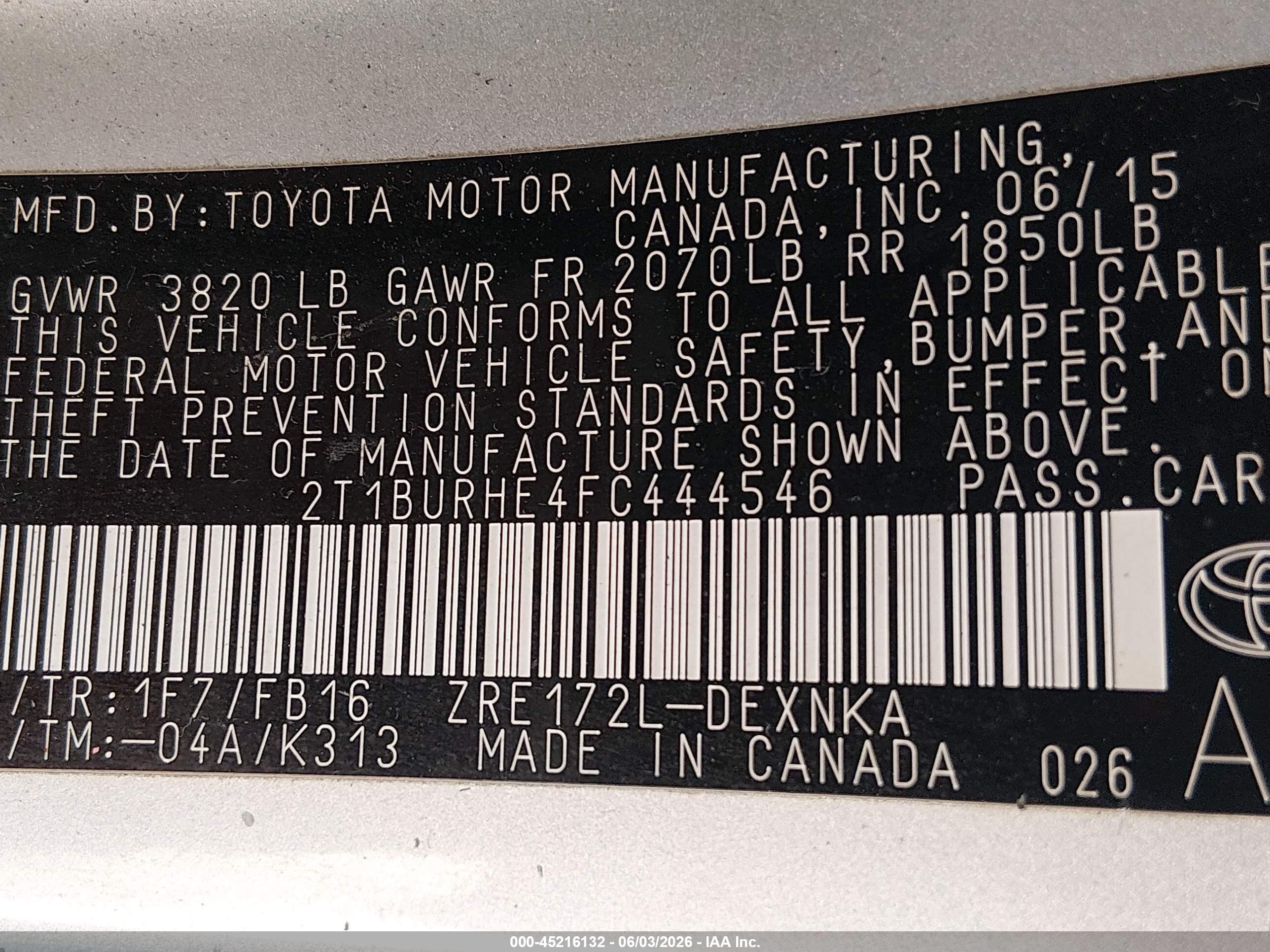 2015 Toyota Corolla Le Silver vin: 2T1BURHE4FC444546