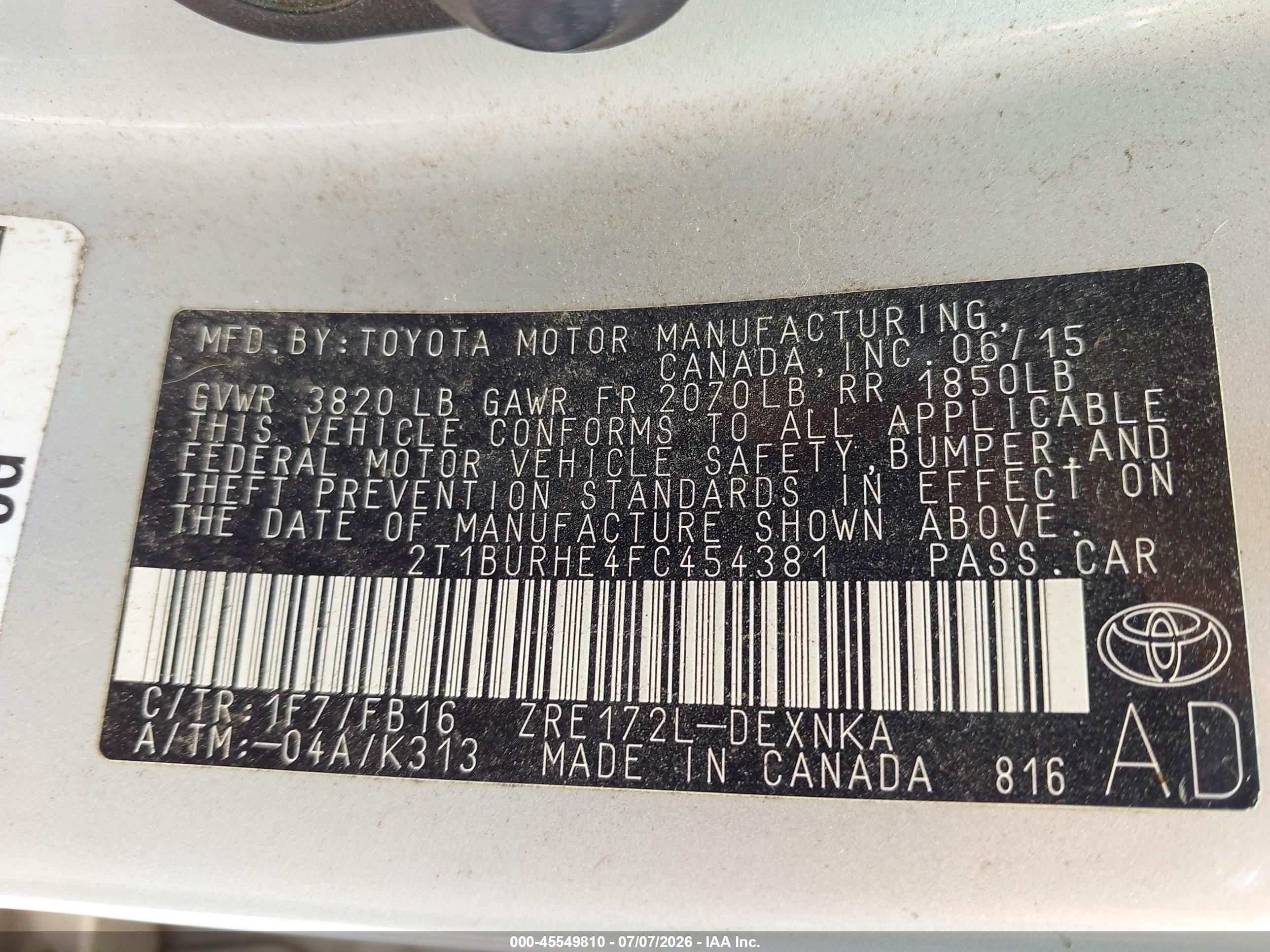 2015 Toyota Corolla Le Silver vin: 2T1BURHE4FC454381