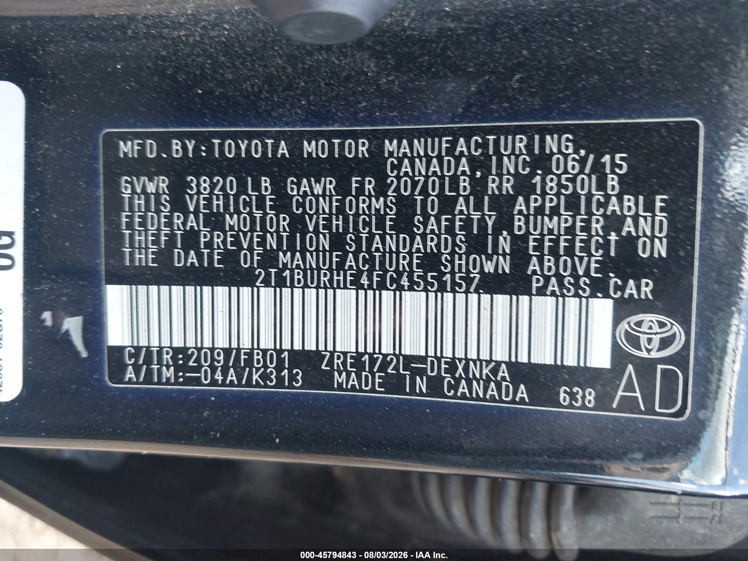 2015 Toyota Corolla Le Black vin: 2T1BURHE4FC455157