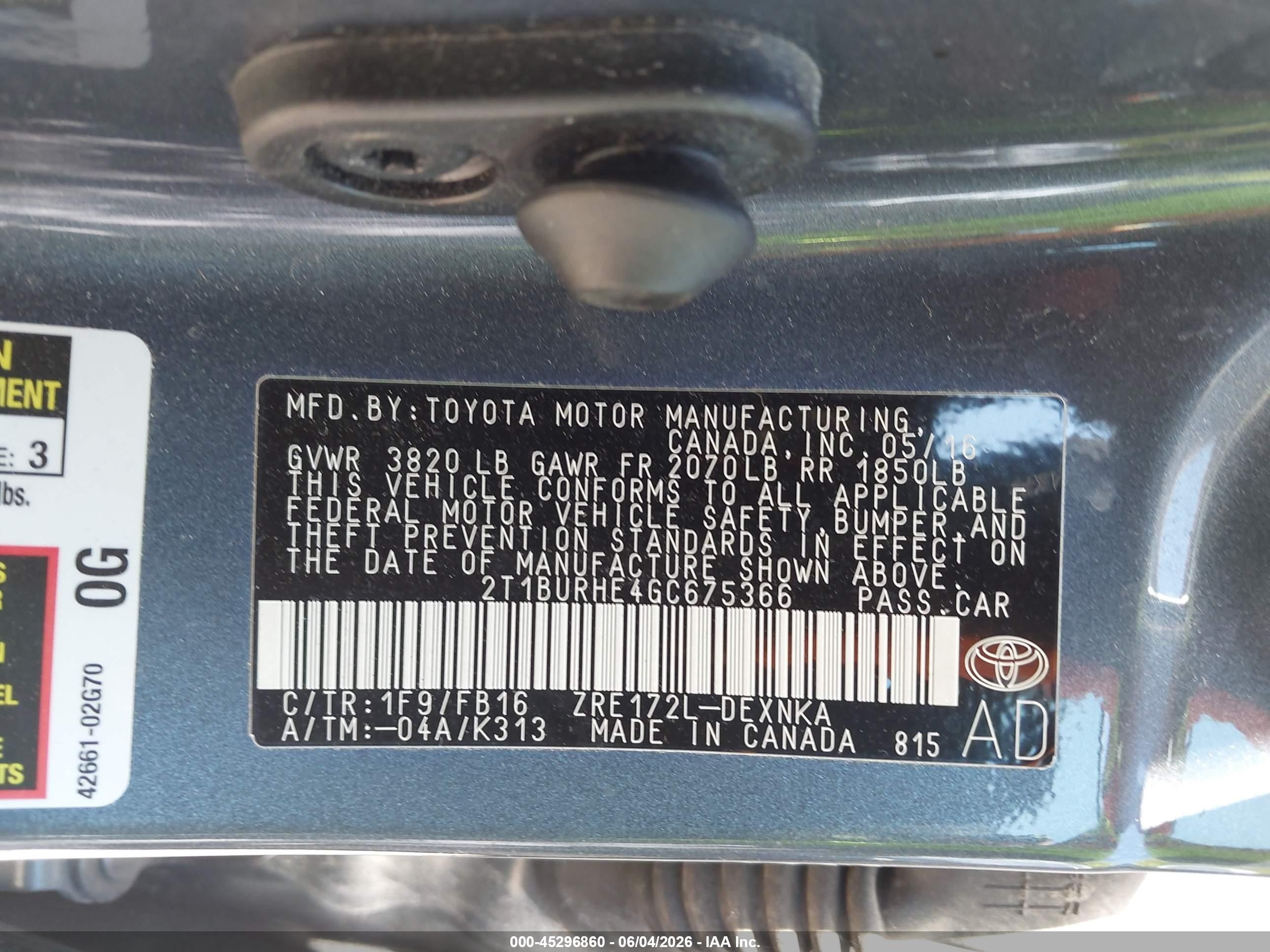 2016 Toyota Corolla Le Blue vin: 2T1BURHE4GC675366