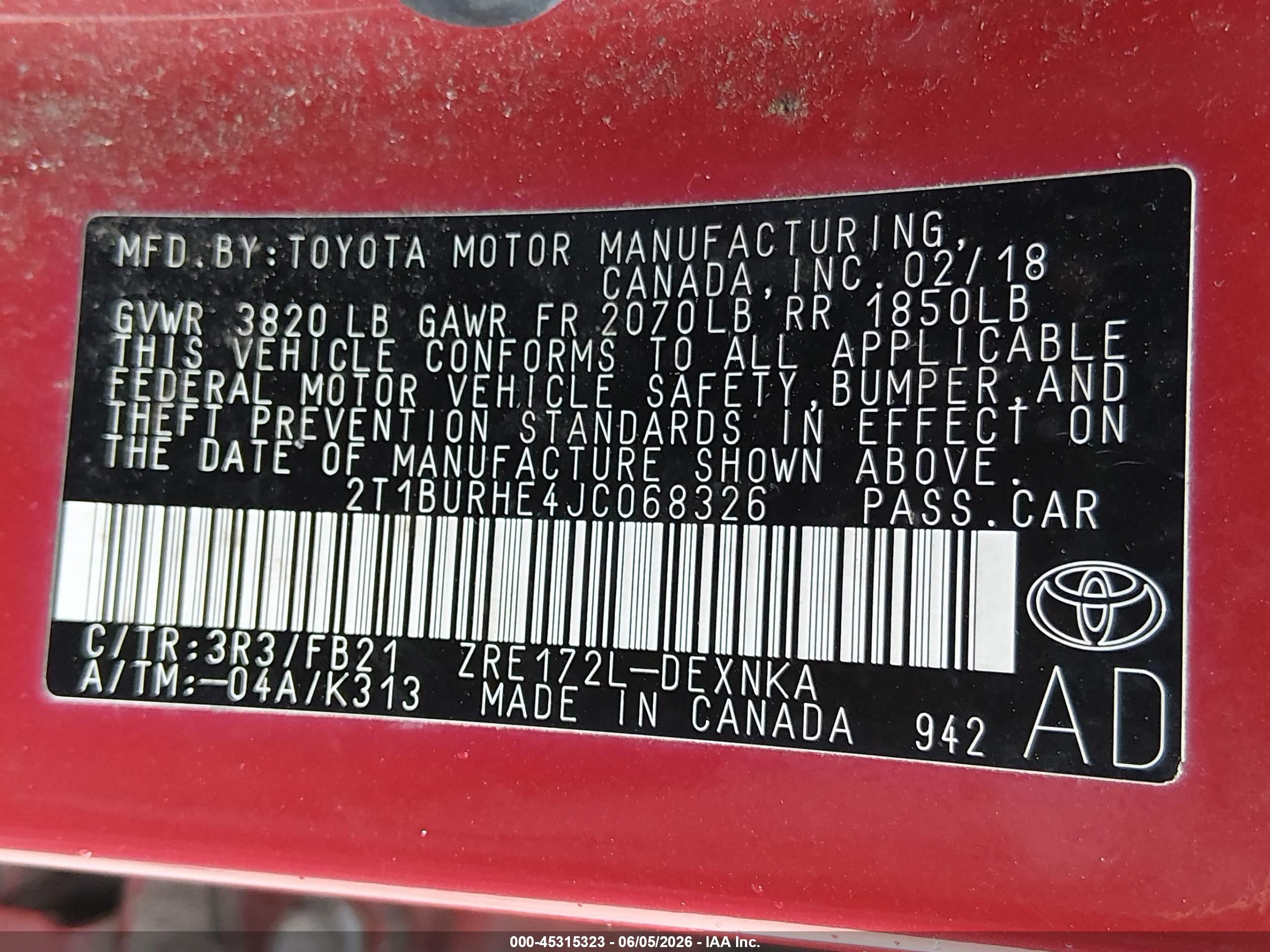 2018 Toyota Corolla Le Бордовый vin: 2T1BURHE4JC068326
