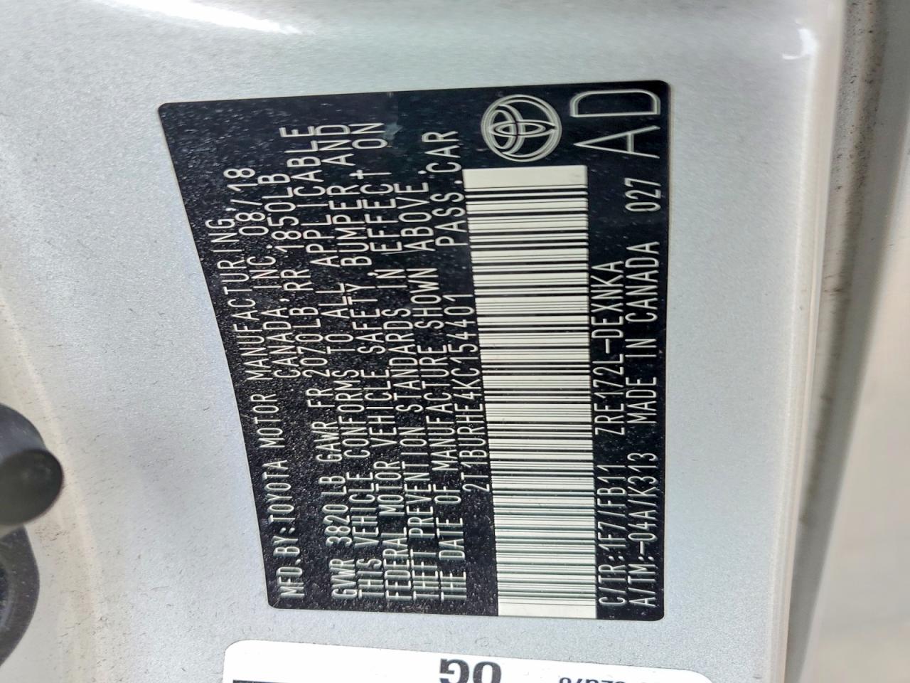 2019 Toyota Corolla Le Silver vin: 2T1BURHE4KC154401