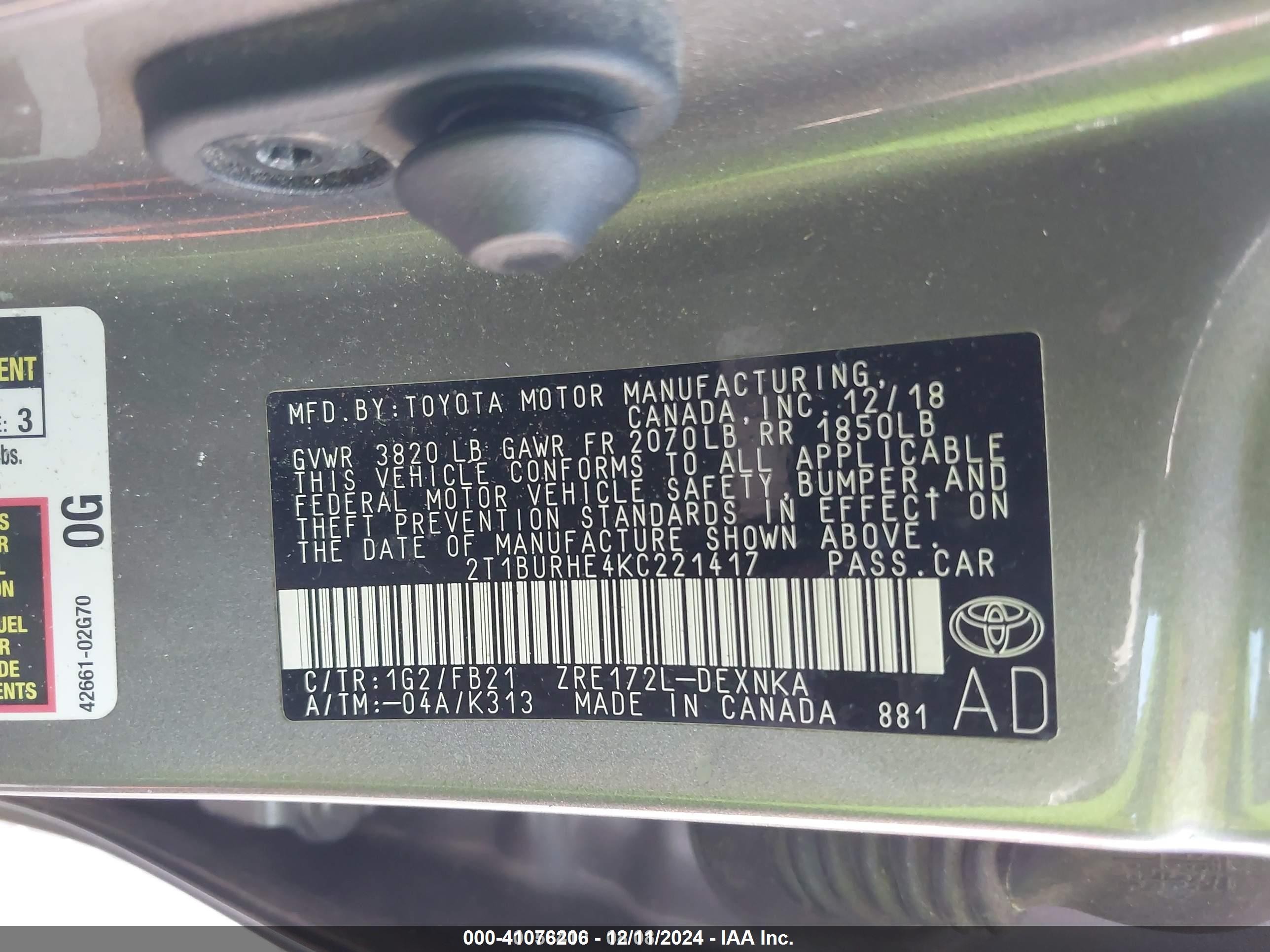 2019 Toyota Corolla Le Gray vin: 2T1BURHE4KC221417