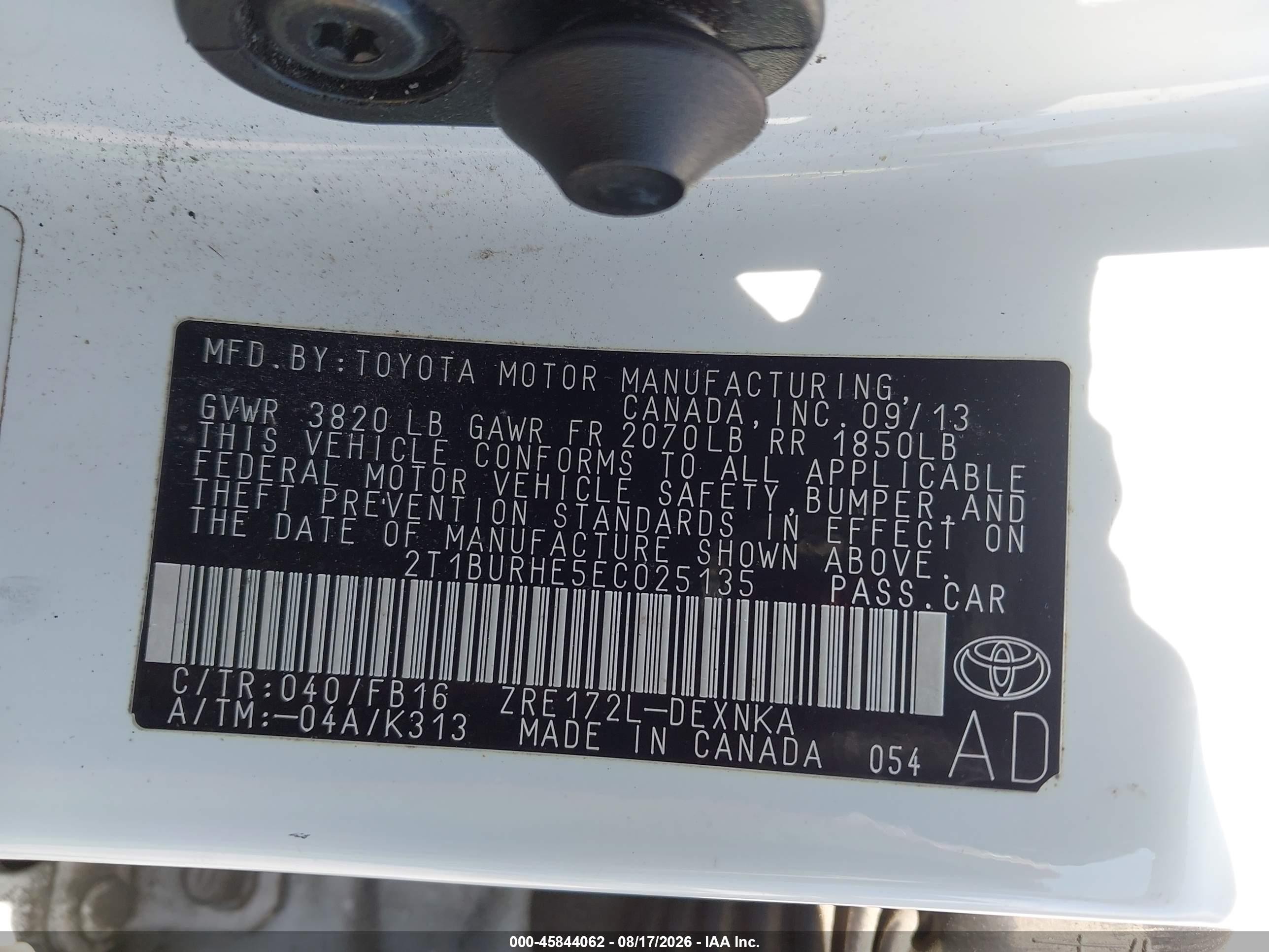 2014 Toyota Corolla Le Белый vin: 2T1BURHE5EC025135