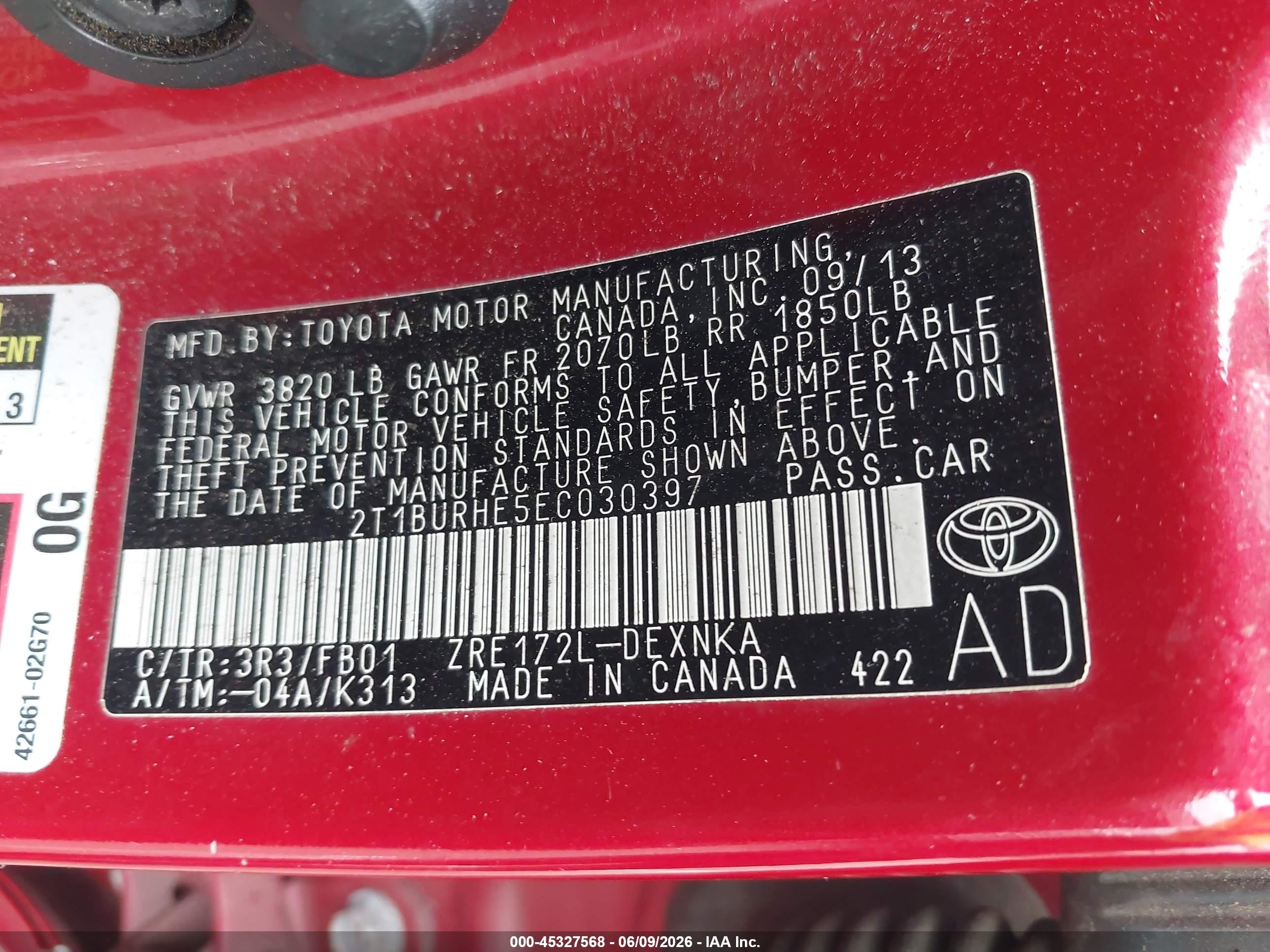 2014 Toyota Corolla Le Red vin: 2T1BURHE5EC030397