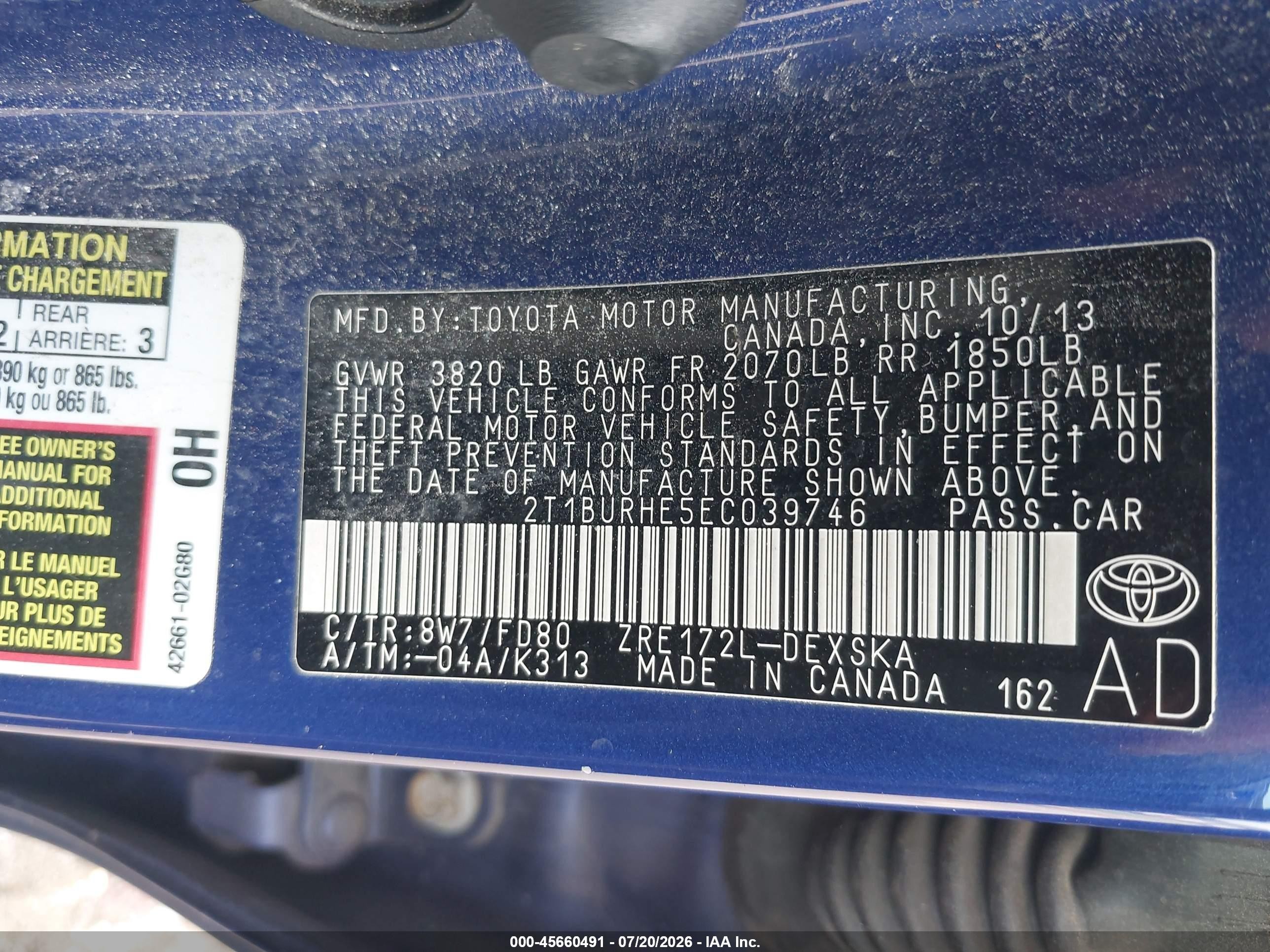2014 Toyota Corolla S Plus Blue vin: 2T1BURHE5EC039746
