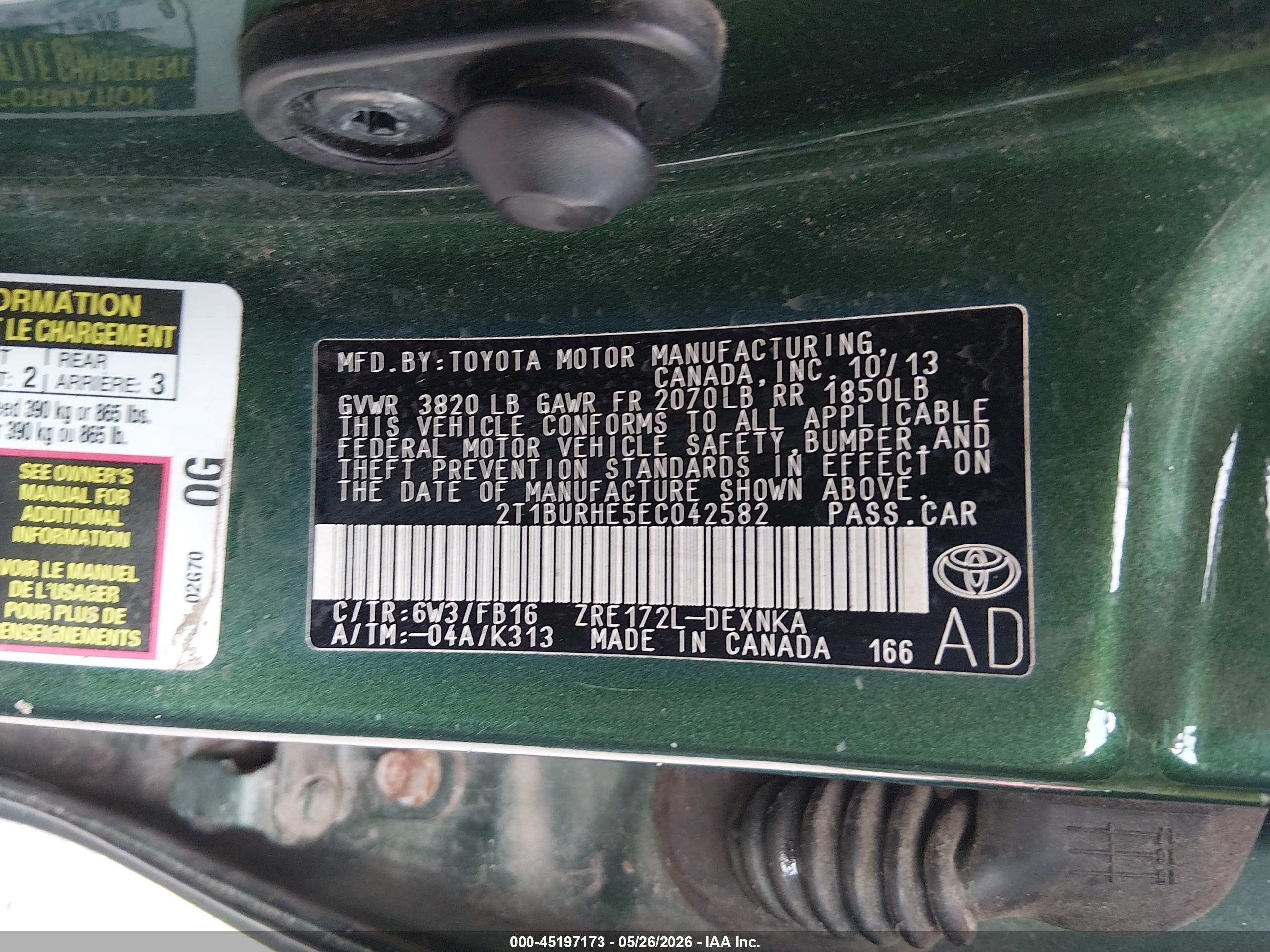 2014 Toyota Corolla Le Green vin: 2T1BURHE5EC042582